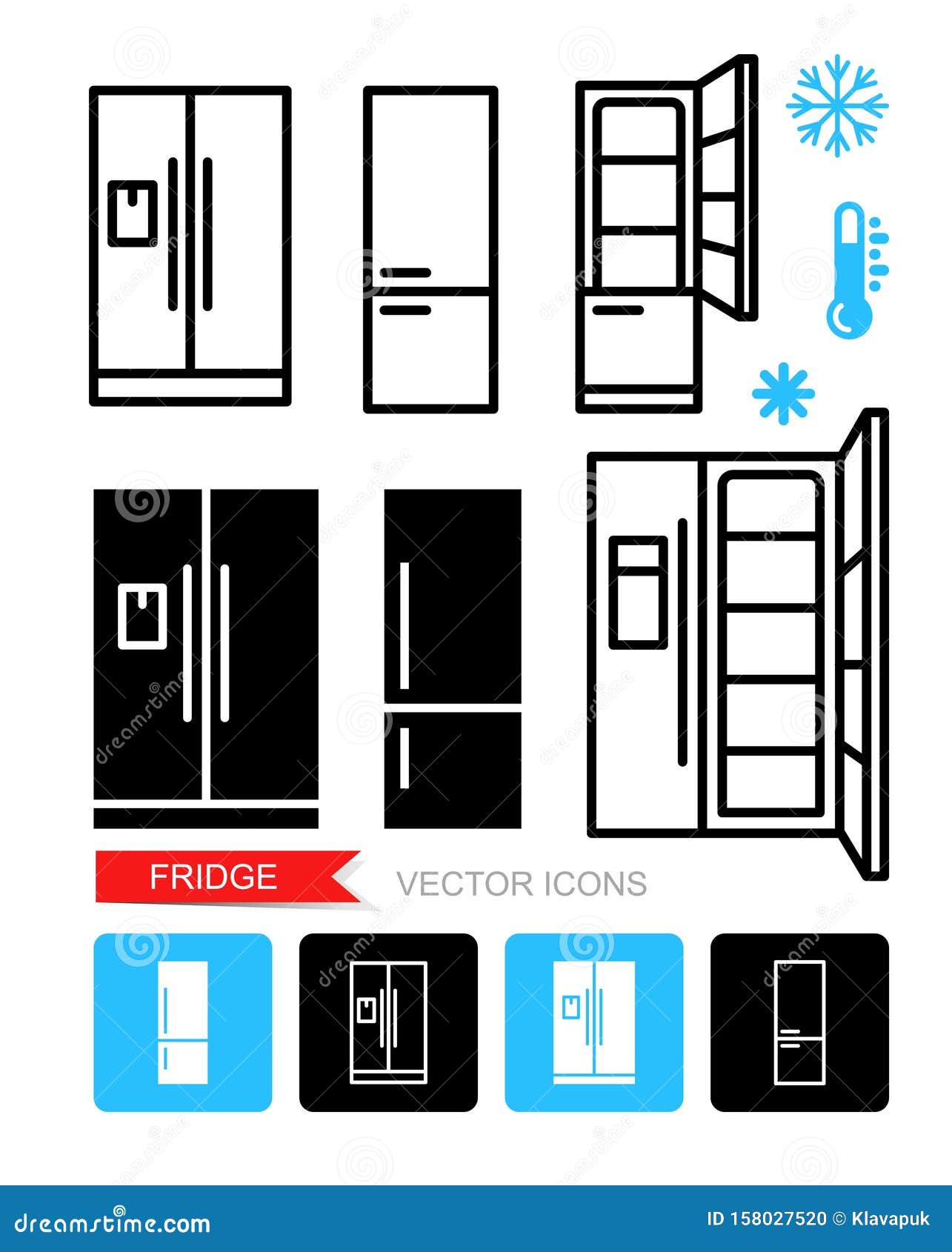 Set Contour and Silhouette Icons Refrigerator. Vector Fridge Symbol Stock Vector Illustration