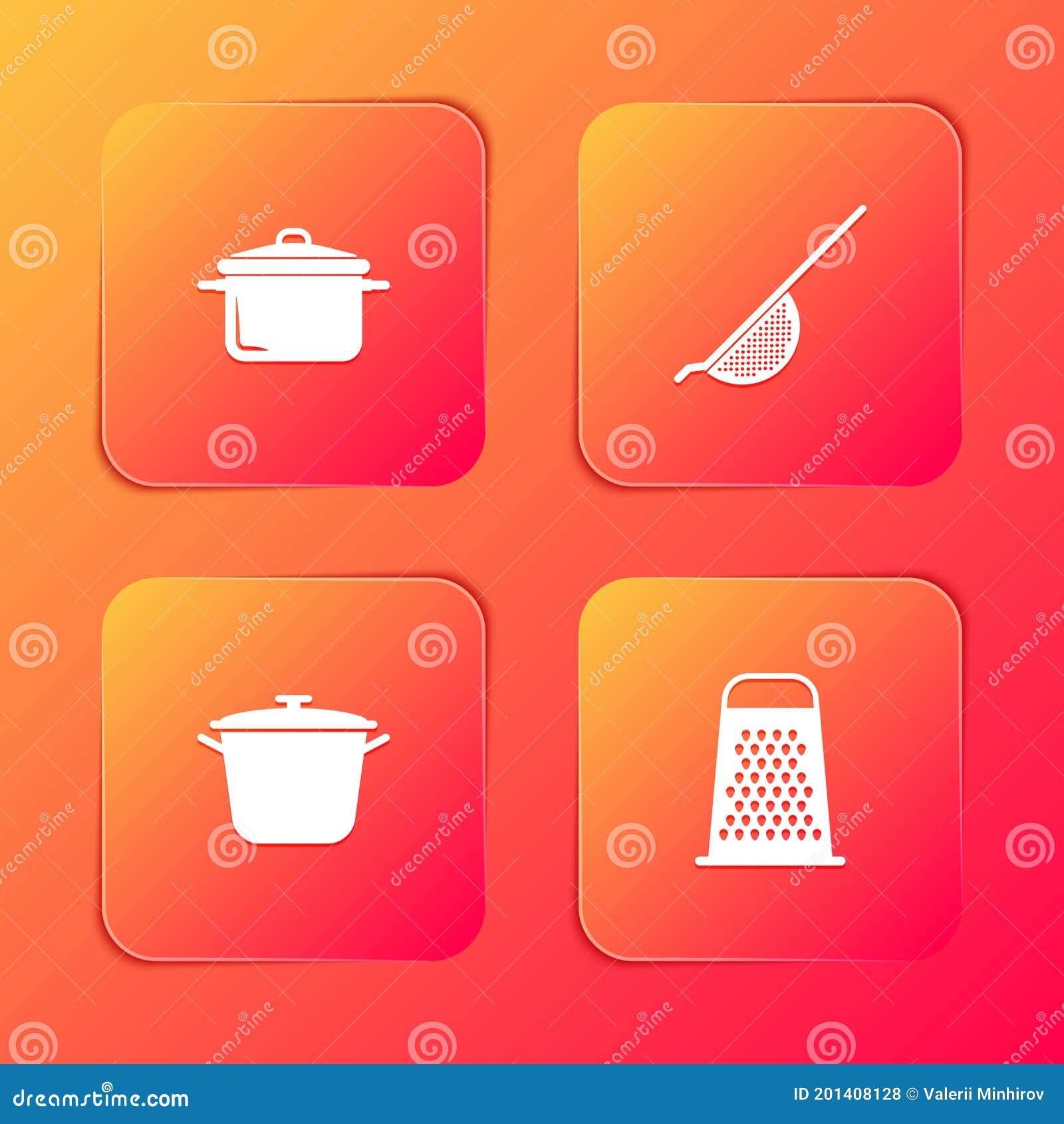 Set Cooking Pot, Kitchen Colander, and Grater Icon. Vector Stock Vector