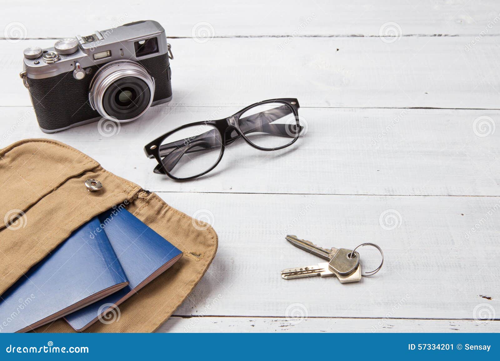 Set of Cool Travel Stuff on Wooden Table Stock Image Image of