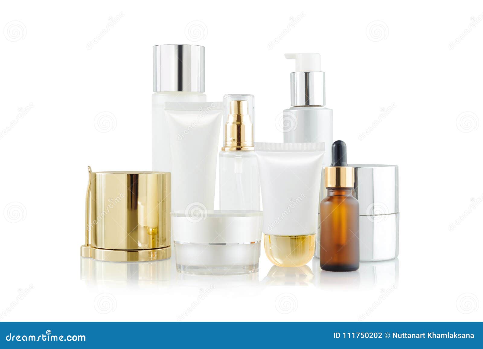 set of cosmetic containers. cosmetic product bottles, dispensers, droppers, jars and tubes on white