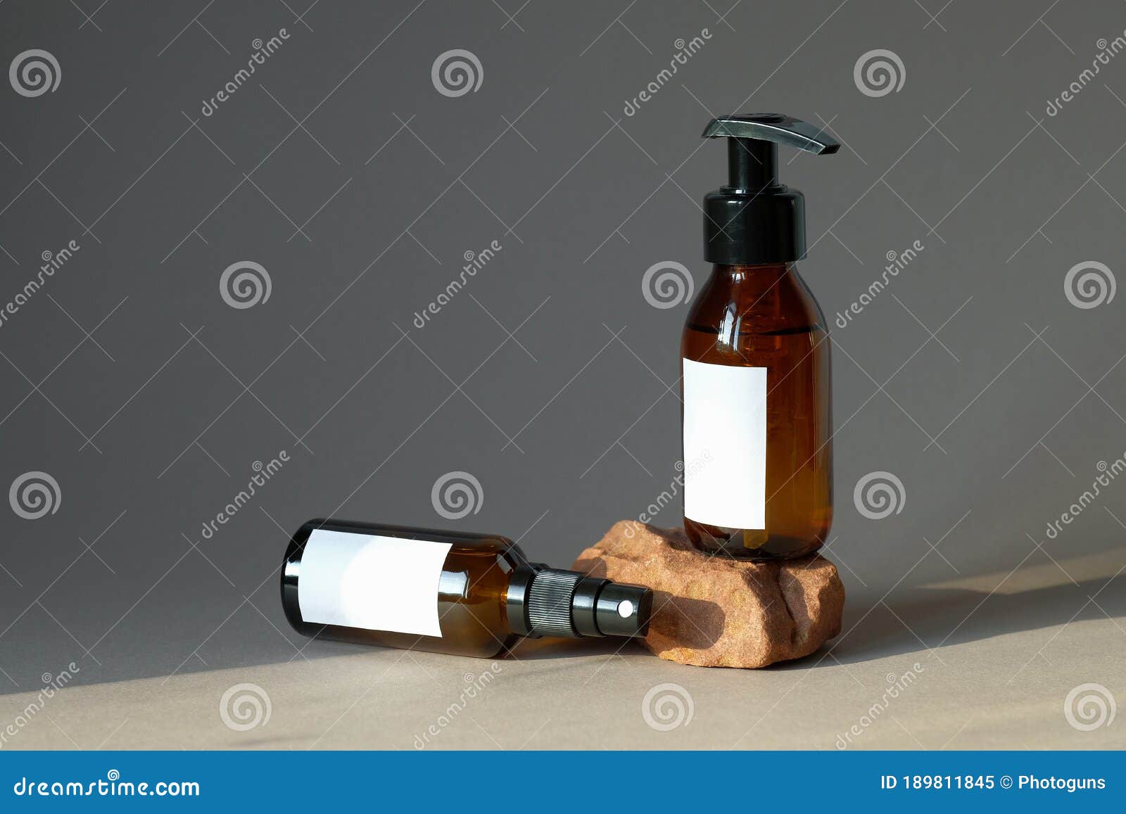 Download Set Of Cosmetic Dark Amber Glass Bottles Mockup. Pump Bottle Hand Soap And Organic Body Spray ...