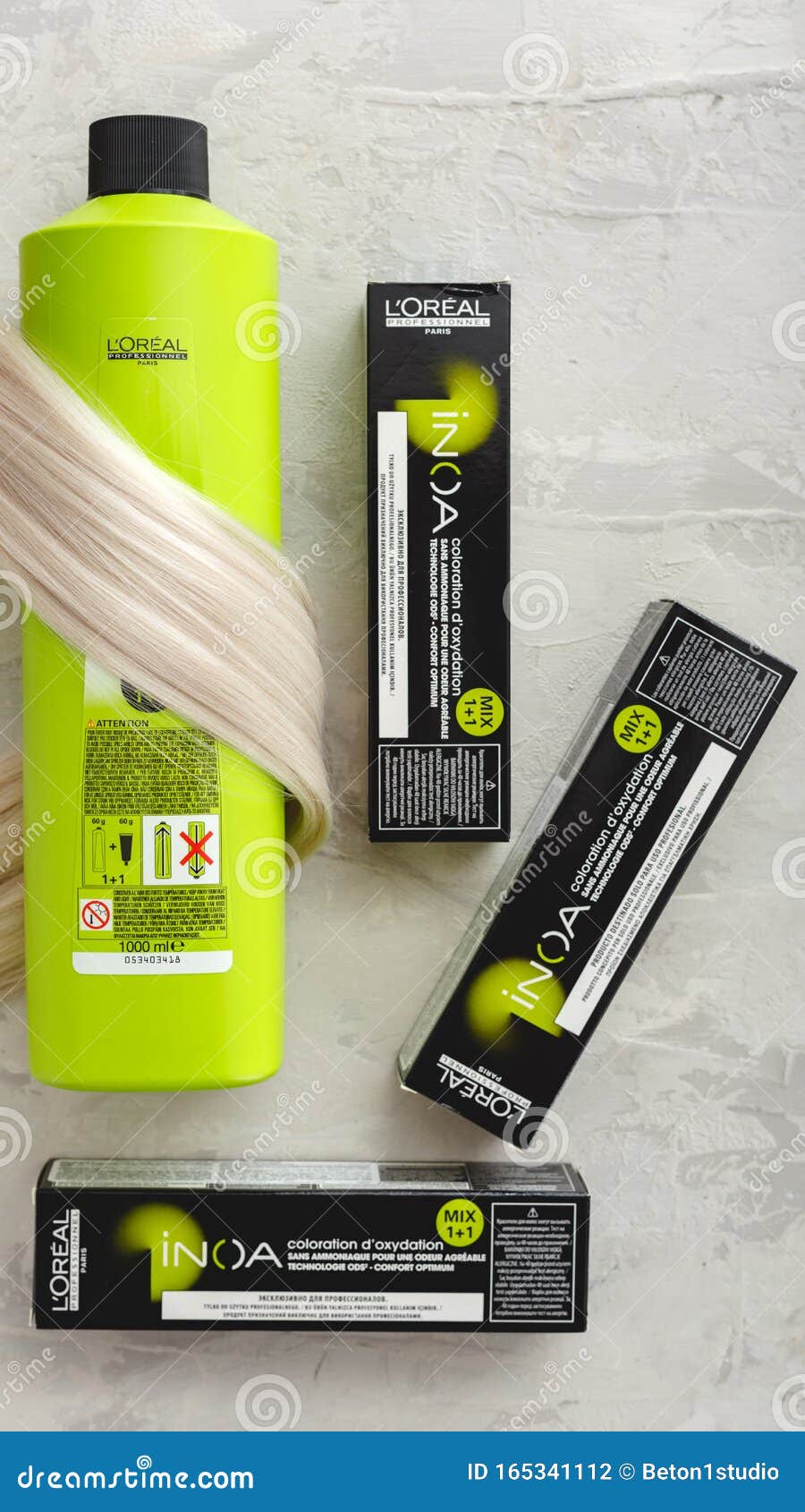 Set of Cosmetics for Hair Coloristics Inoa by L`oreal Professionnel Paris. Inoa  Loreal Oxidant Riche and Professional Hair Dye in Editorial Photography -  Image of comb, cream: 165341112
