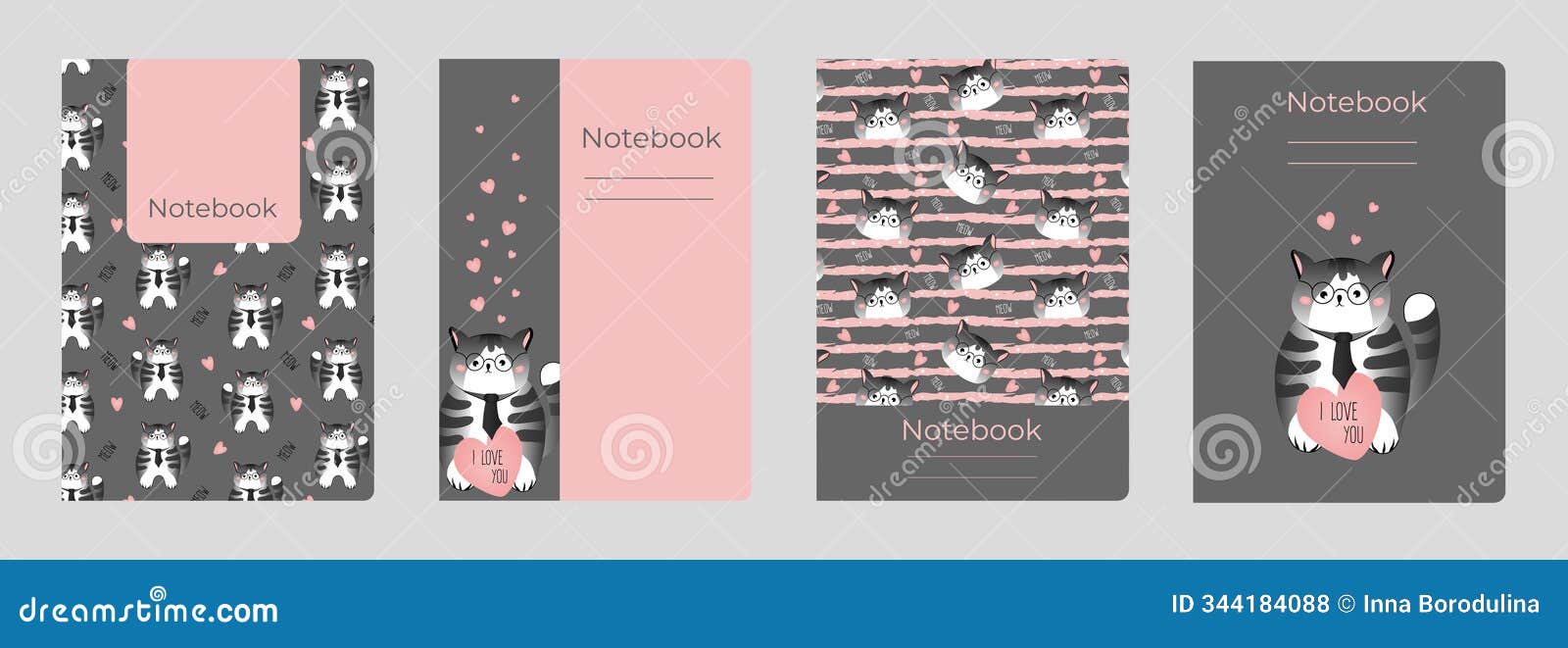 set of cover s for notebook, notepad, book, catalog with grey, striped, smart cat. vertical format a4,a5