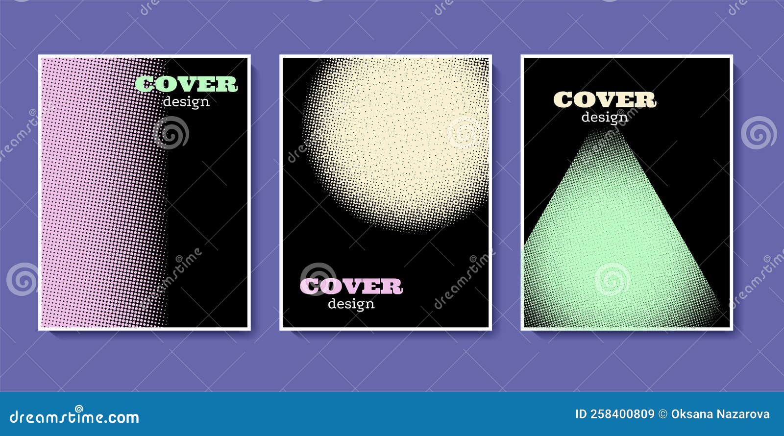 Set of Cover Templates with Halftone Geometric Shapes Patterns Stock