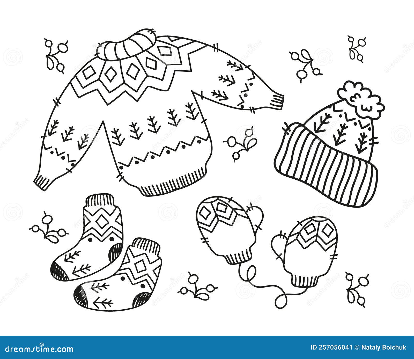 A Set of Cozy Knitted Warm Clothes, Coloring Page Stock Vector ...