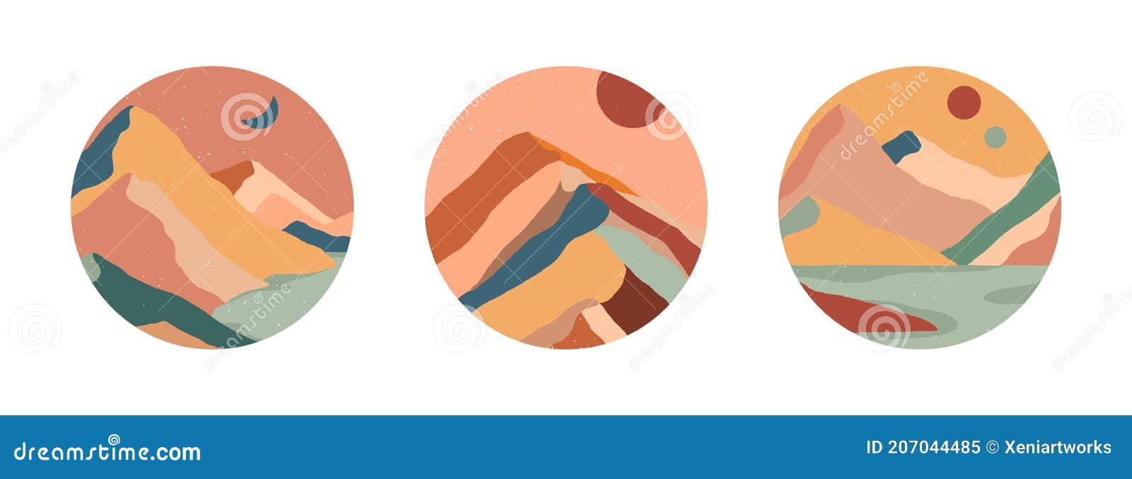 set of creative abstract mountain landscape and mountain range round icons