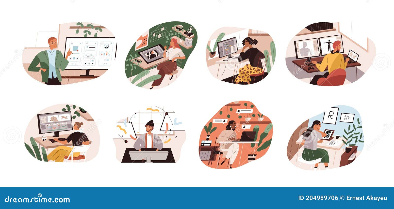 Set of Creative Workers Working at Computers and Laptops. UI and Motion