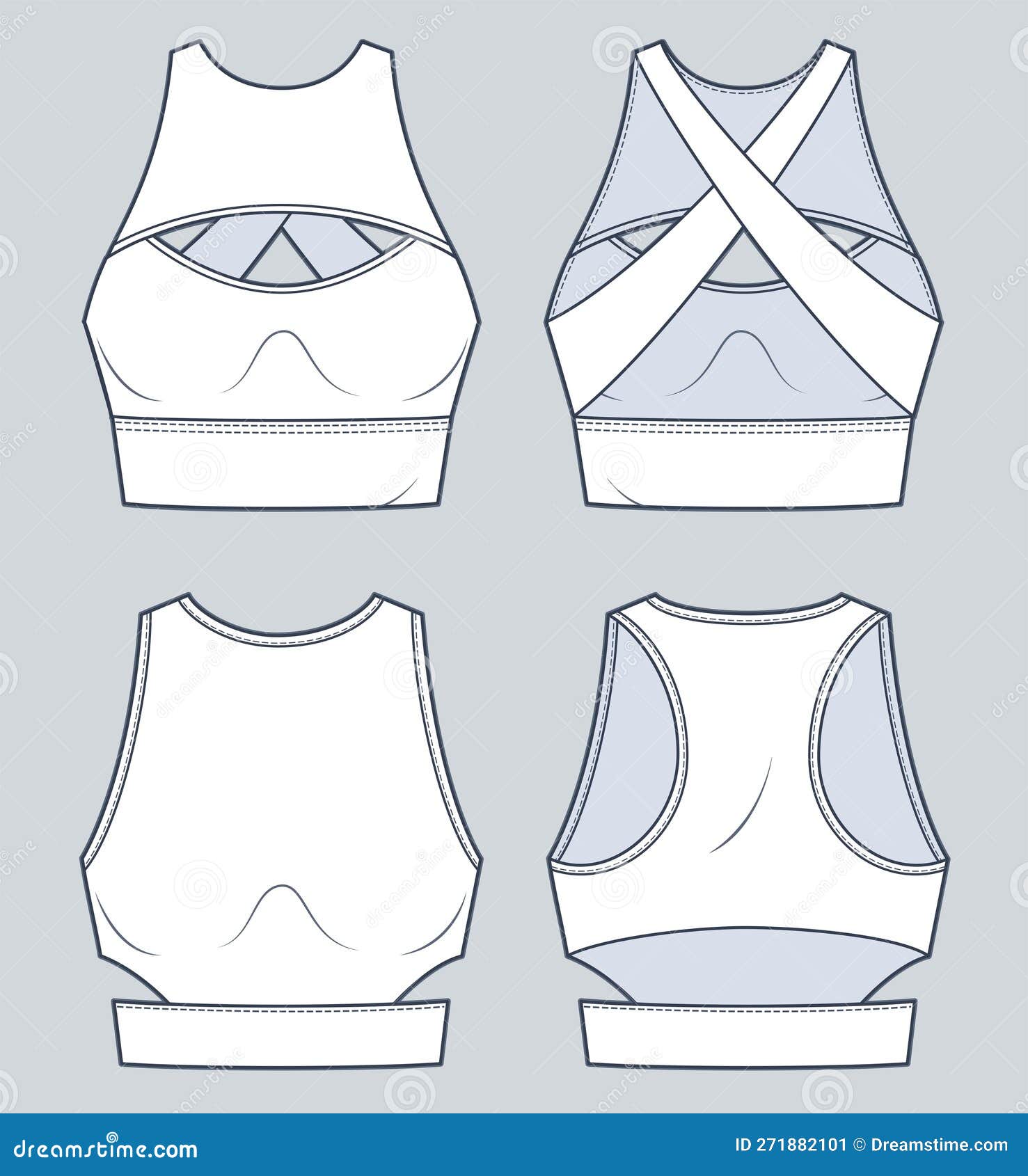 Set of Crop Top Technical Fashion Illustration. Sports Bra Fashion Flat