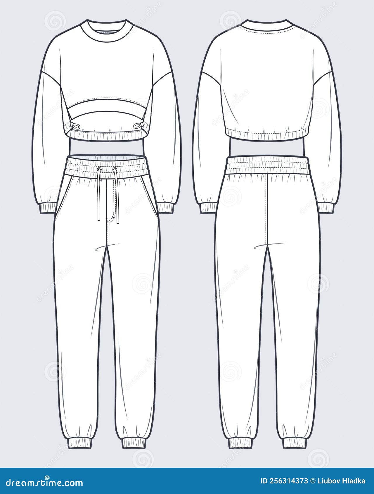 Set of Cropped Sweatshirt, Jogger Pants Fashion Flat Technical Drawing ...