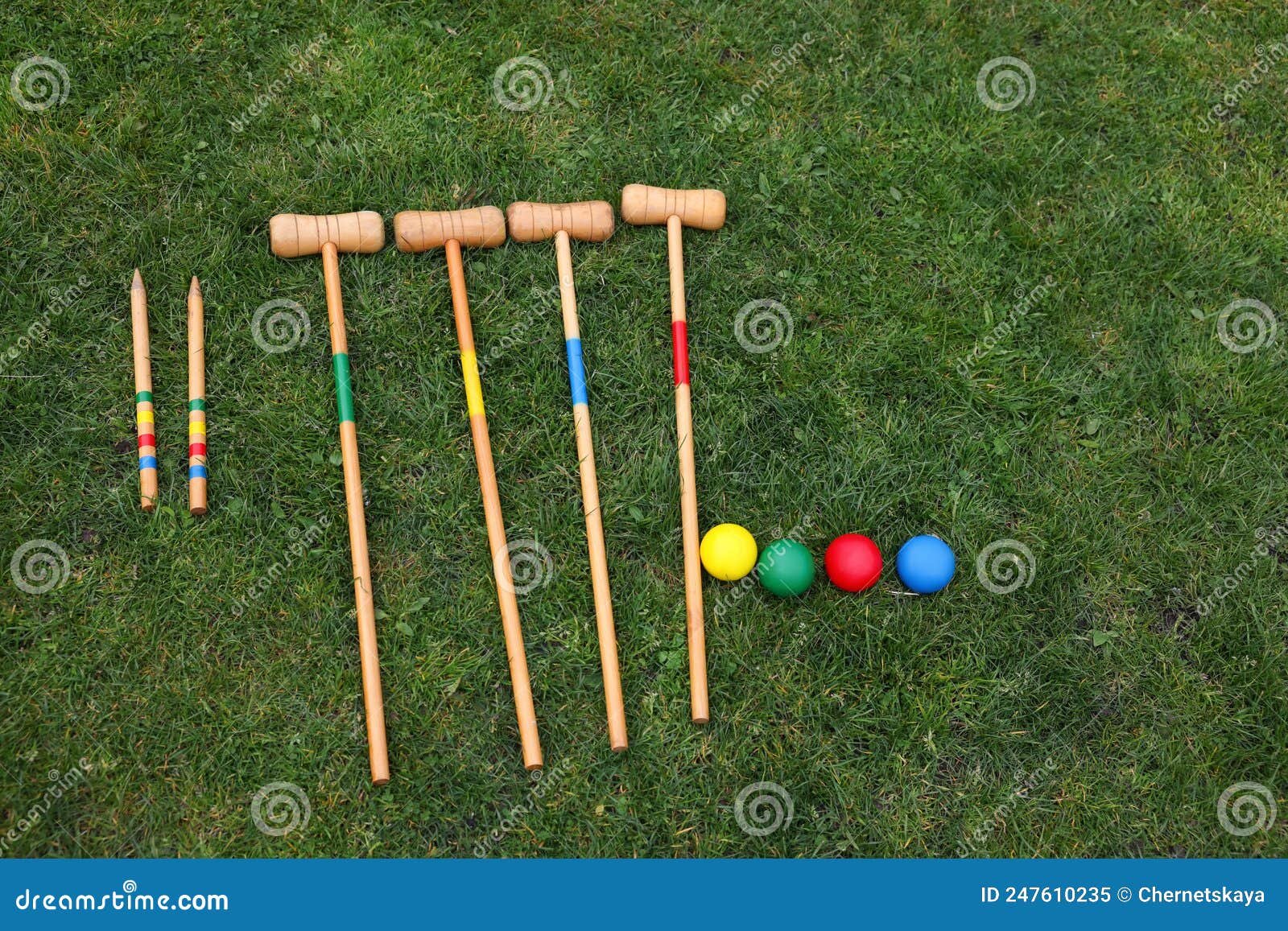 Set of Croquet Equipment on Green Grass, Flat Lay Stock Image Image