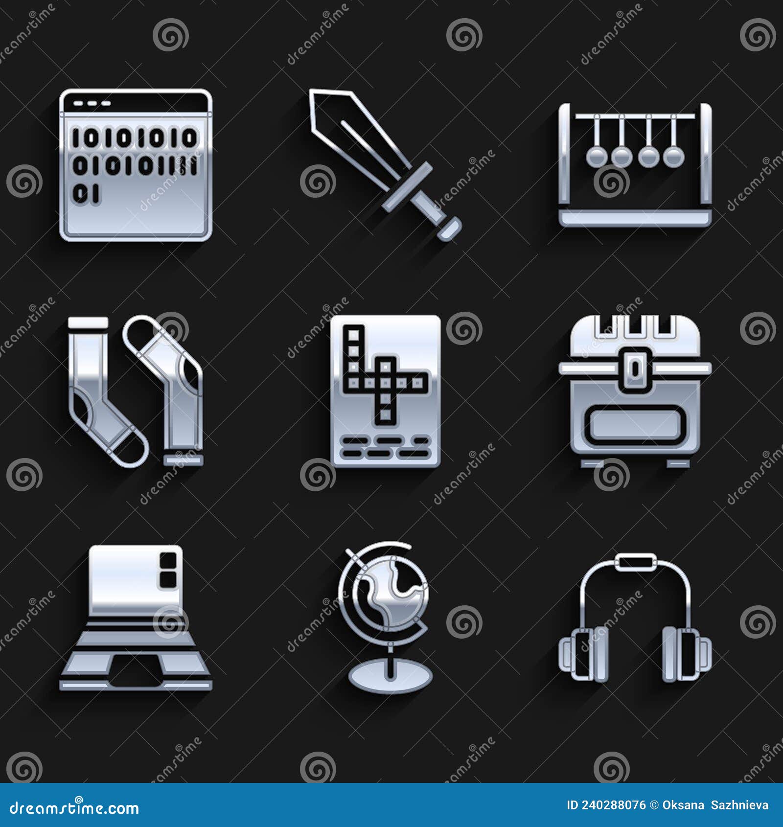 Set Crossword, Earth Globe, Headphones, Antique Treasure Chest, Laptop, Socks, Pendulum and