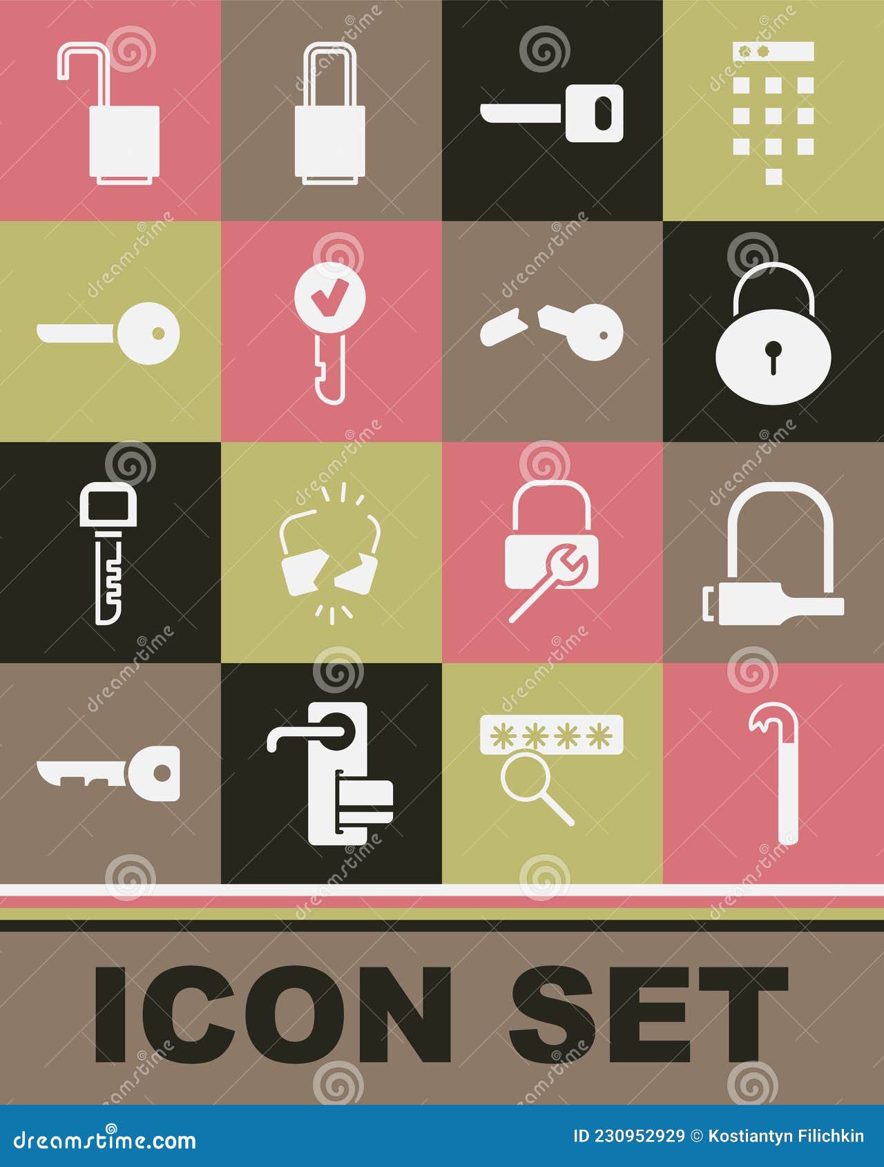 Set Crowbar, Bicycle Lock, Lock, Key, Open Padlock and Broken Key Icon