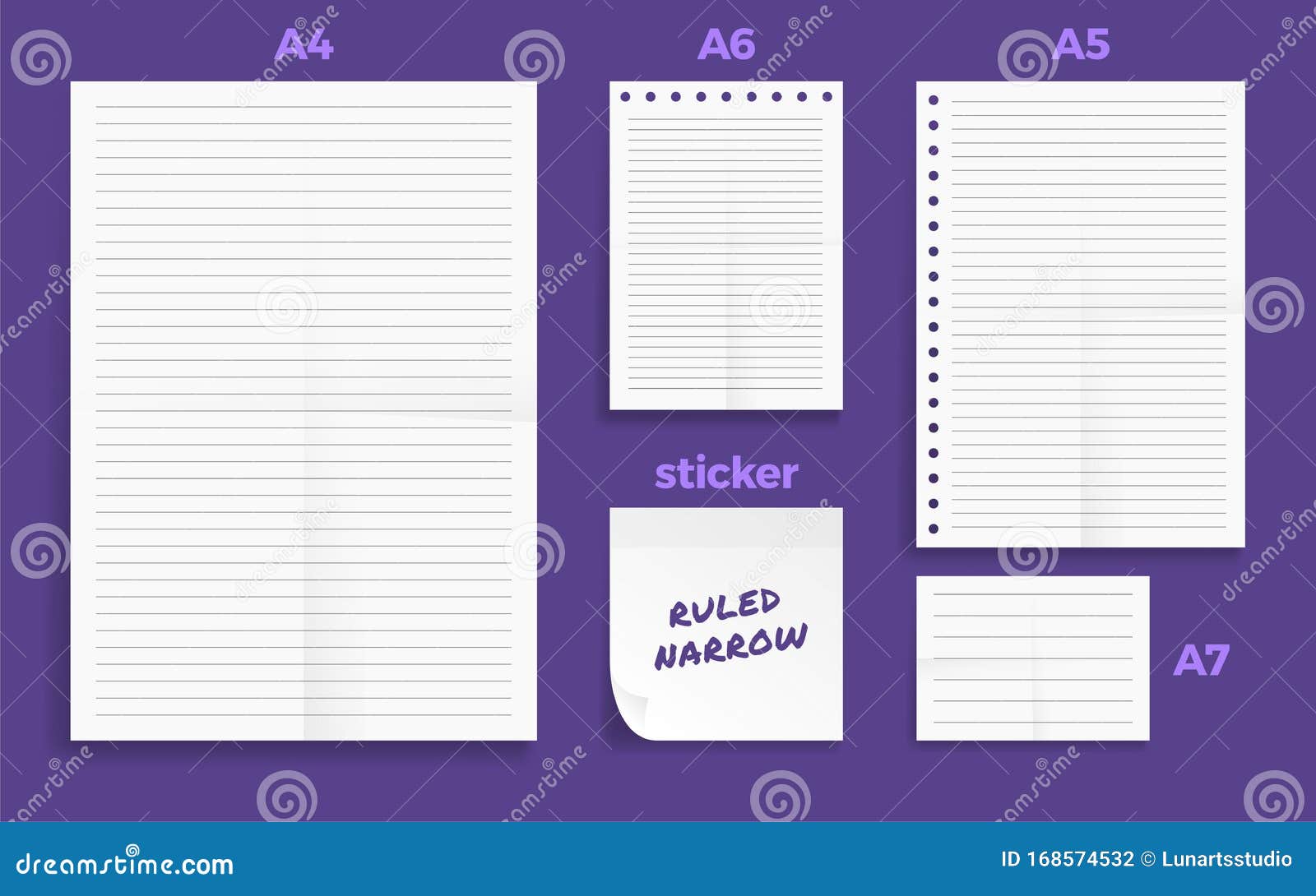 Set Of Crumpled Four Standart Blank Lined Series A Format Paper A5 A6 And Size With Note Sticker Stock Vector Illustration Of Empty Crumpled
