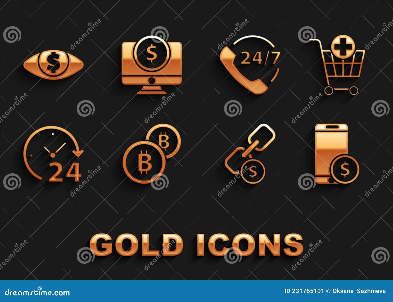 set cryptocurrency coin bitcoin, add shopping cart, smartphone with dollar, chain link and, clock 24 hours, telephone
