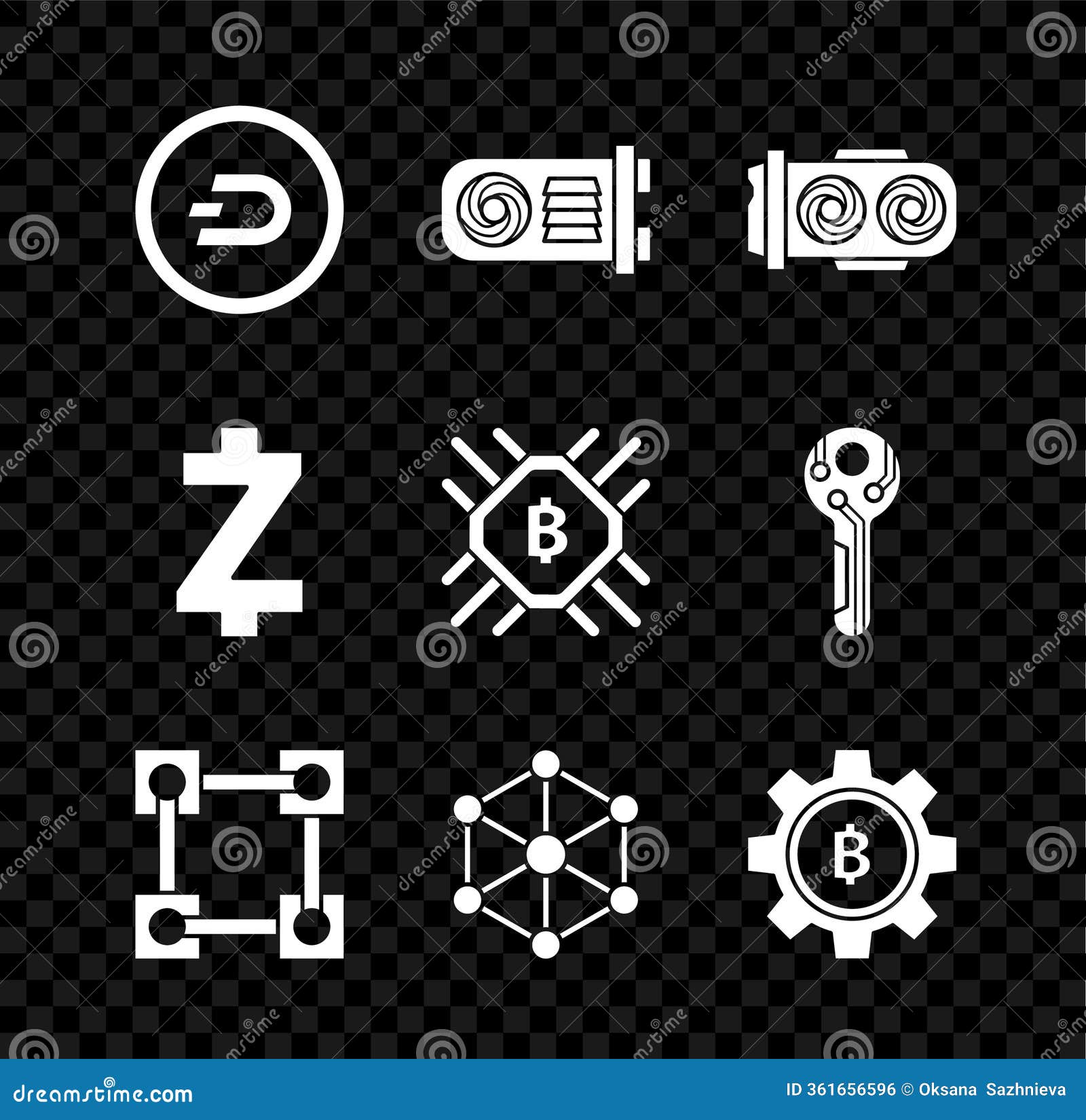 Set Cryptocurrency Coin Dash, Mining Farm, Blockchain Technology, Bitcoin,  Zcash ZEC and CPU Mining Icon. Vector Stock Illustration - Illustration of  finance, symbol: 361656596