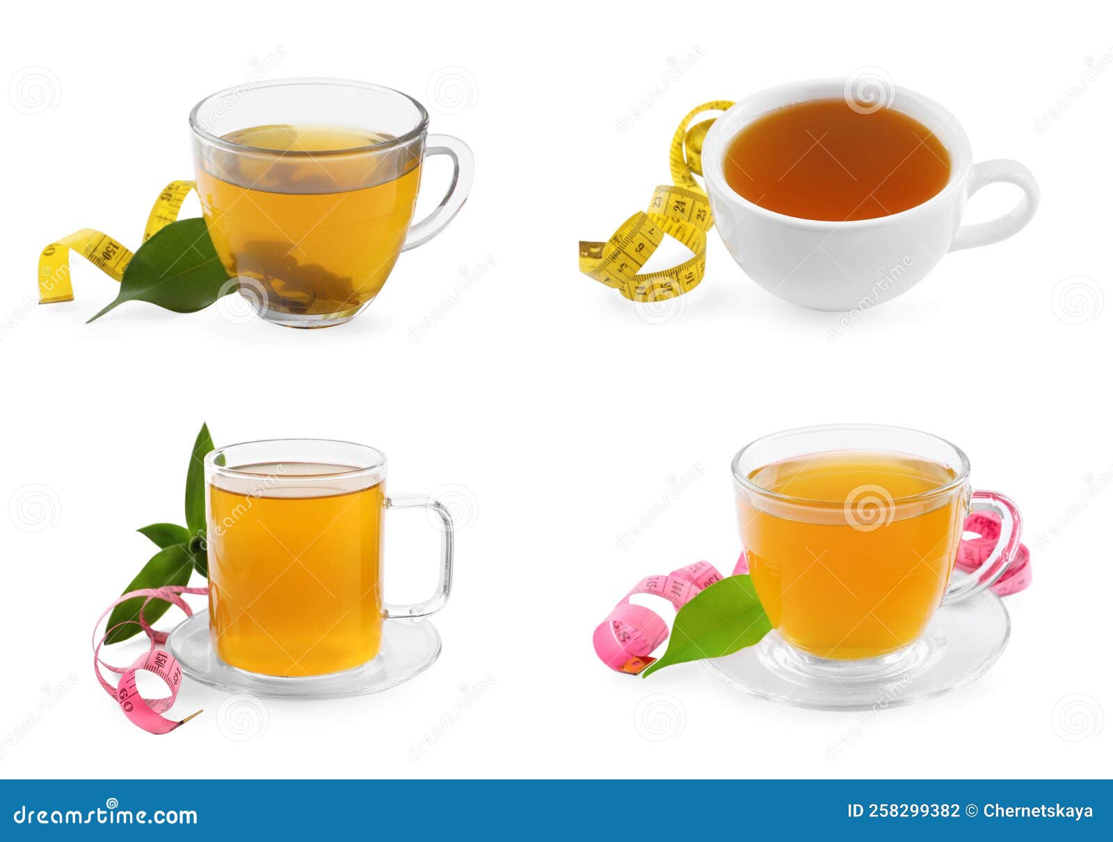 Set with Cups of Cup of Weight Loss Herbal Tea on White Background