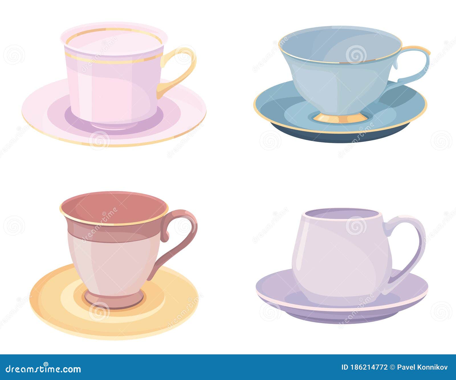 Set of cups with saucers. stock vector. Illustration of blank 186214772