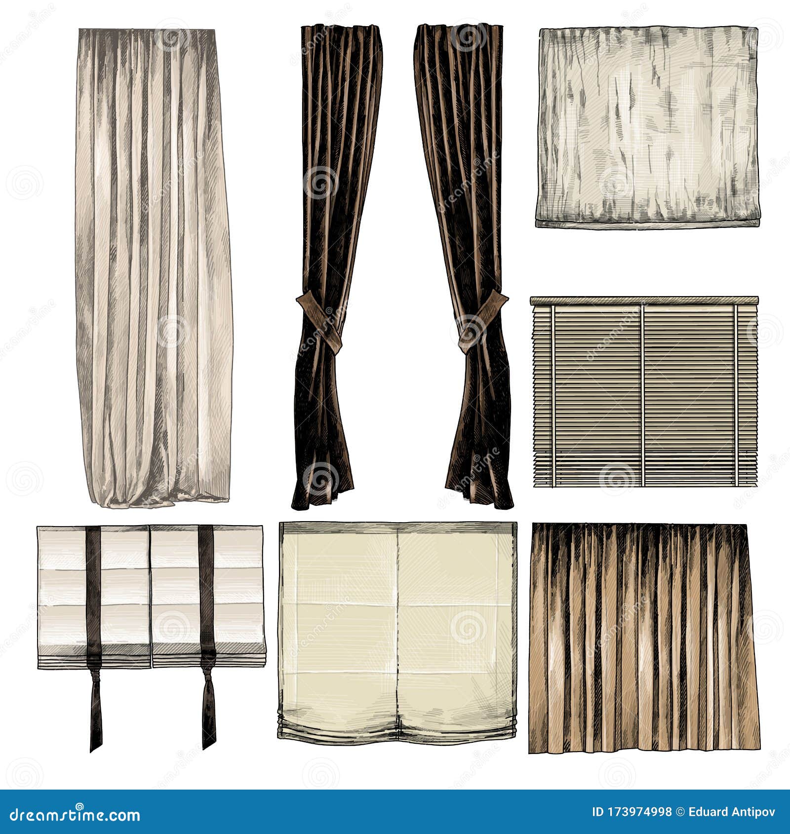 Set Of Curtains And Blinds For Windows In Loft Style Stock Vector Illustration Of Multiple Set Of Curtains And Blinds For Windows In Loft Style Stock Vector Illustration Of Multiple