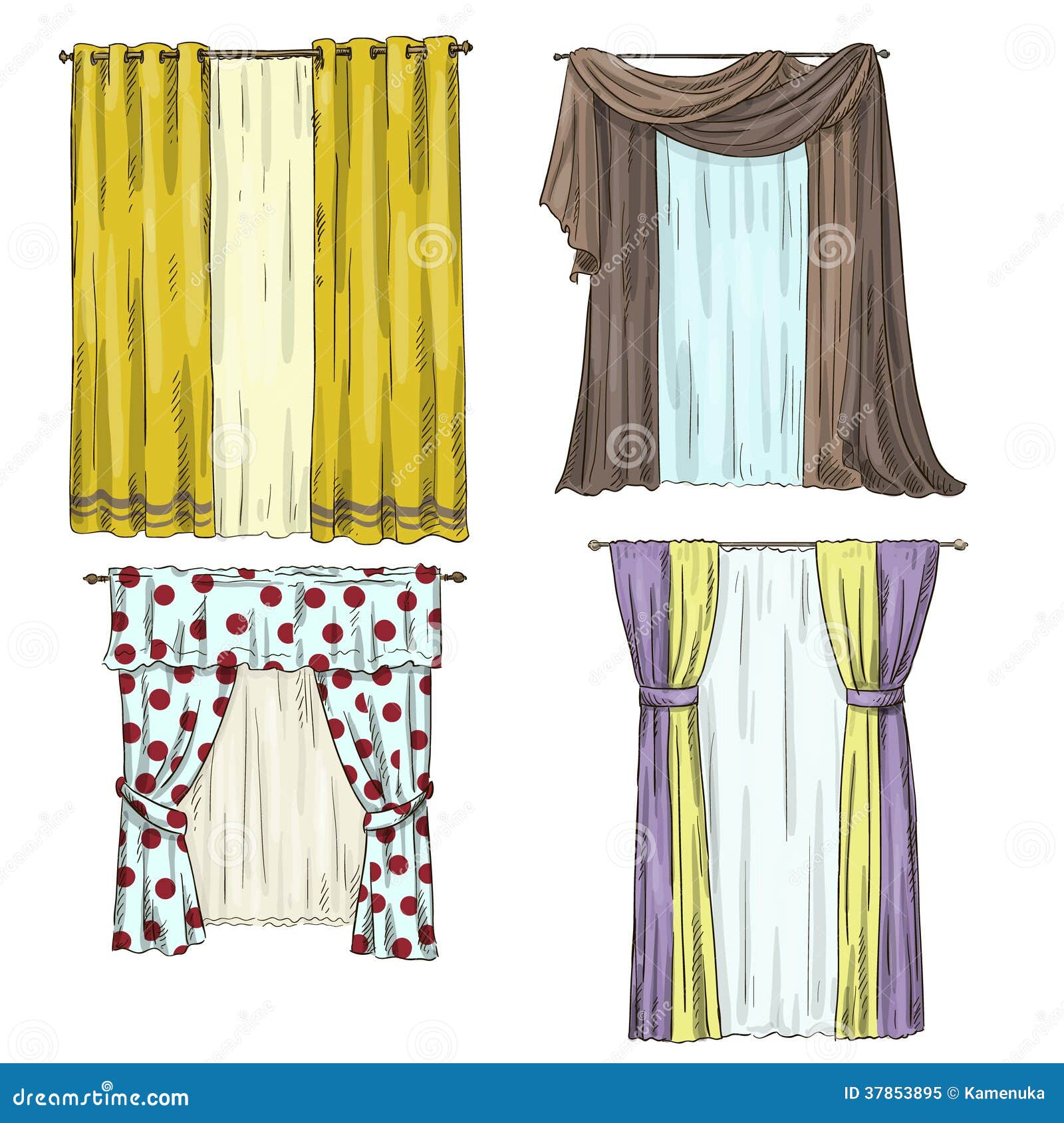 Set of Curtains. Interior Details. Cartoon Style Stock Vector