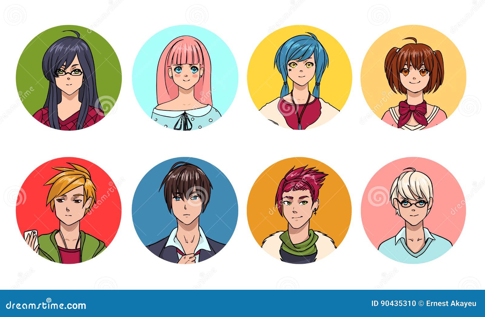 Set Of Cute Anime Characters Avatar Cartoon Girls And Boys