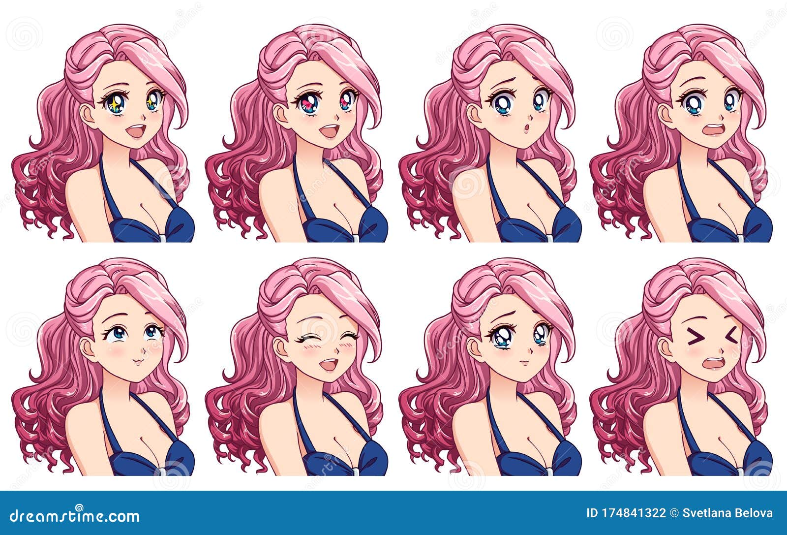 A Set Of Cute Anime Girl With Different Expressions Stock Vector Illustration Of Japanese Child
