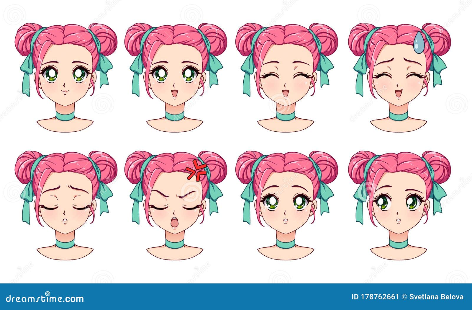 A Set of Cute Anime Girl with Different Expressions. Pink Hair, Big Green  Eyes Stock Vector - Illustration of head, design: 178762661