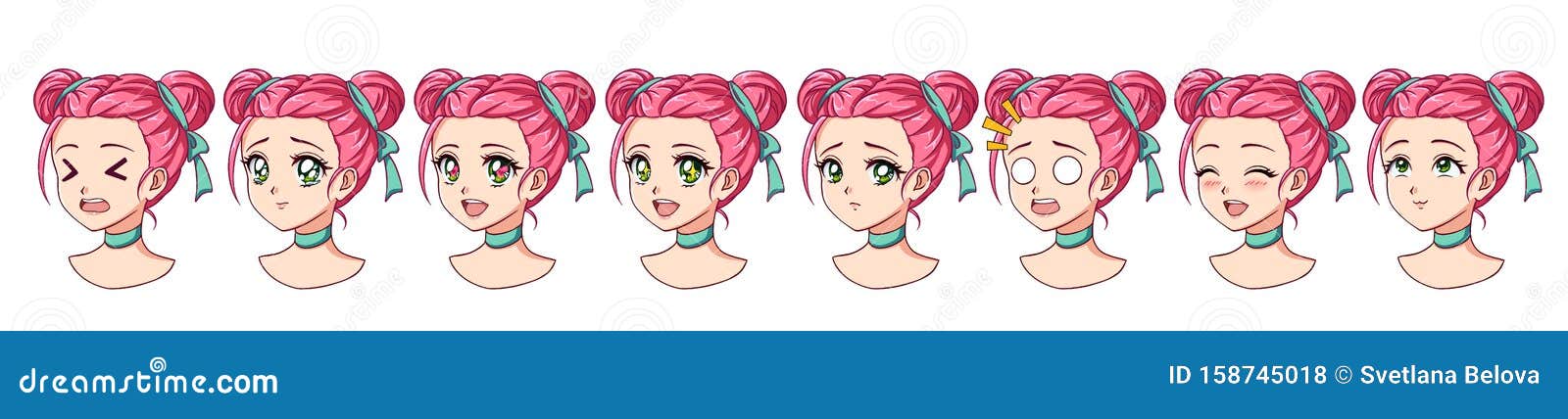 A Set of Cute Anime Girl with Different Expressions. Pink Hair, Big Green  Eyes Stock Vector - Illustration of badge, facial: 158745018