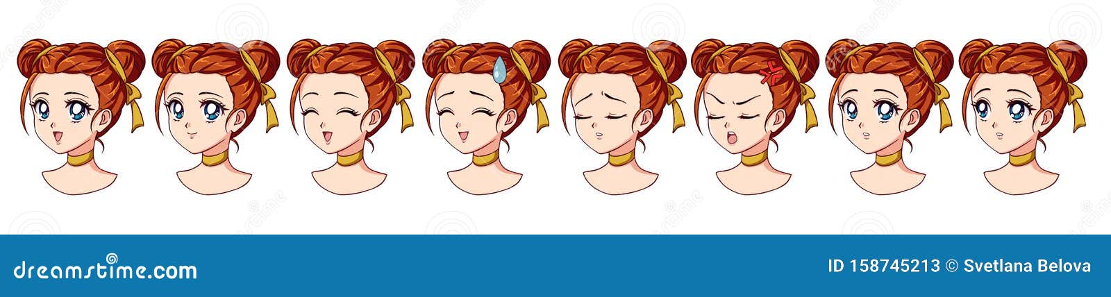 A Set Of Cute Anime Girl With Different Expressions Red Hair Big Blue Eyes Stock Vector Illustration Of Happy Hair