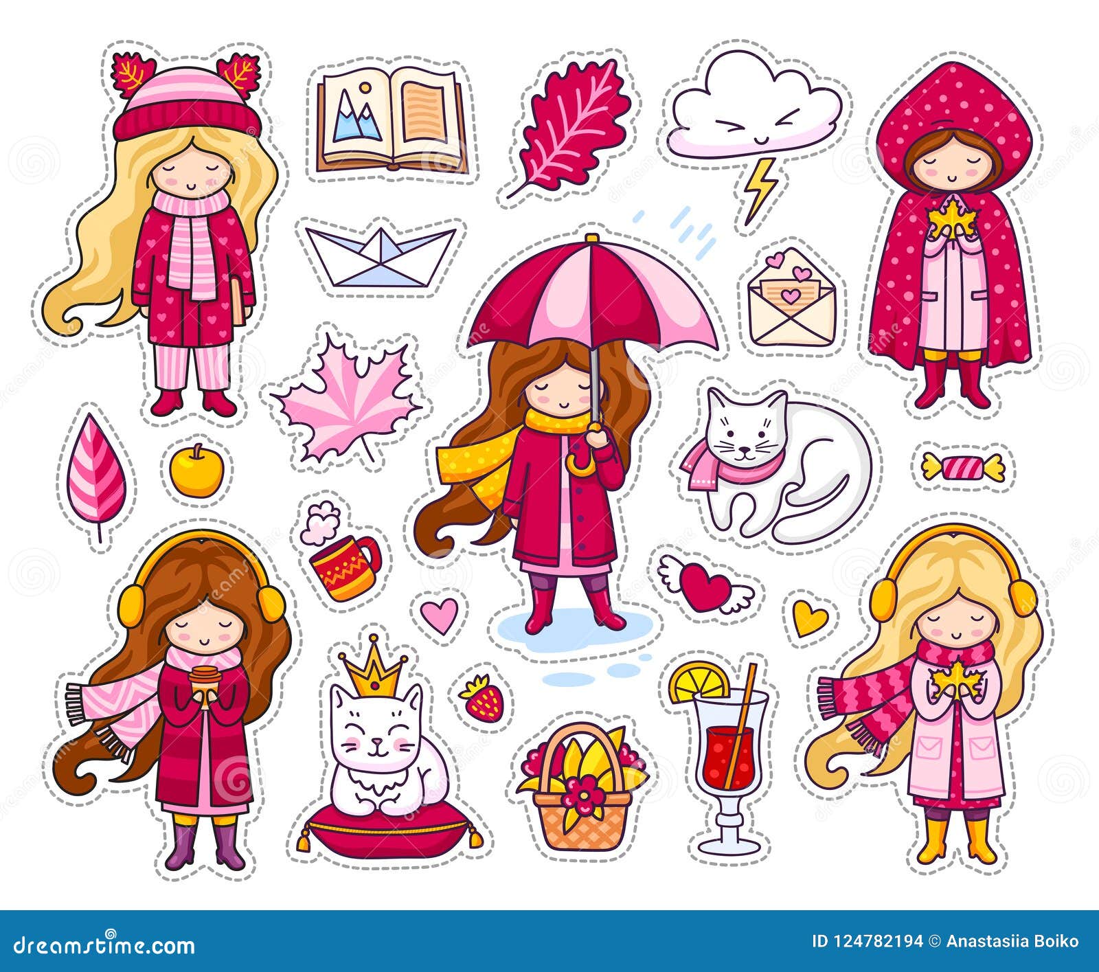 Set of Cute Autumn Stickers. Kawaii Little Girls, Holding Leaf, Coffee, Book Stock Vector - Illustration of design, apple: 124782194 Set of Cute Autumn Stickers. Kawaii Little Girls, Holding Leaf, Coffee, Book Stock Vector - Illustration of design, apple: 124782194