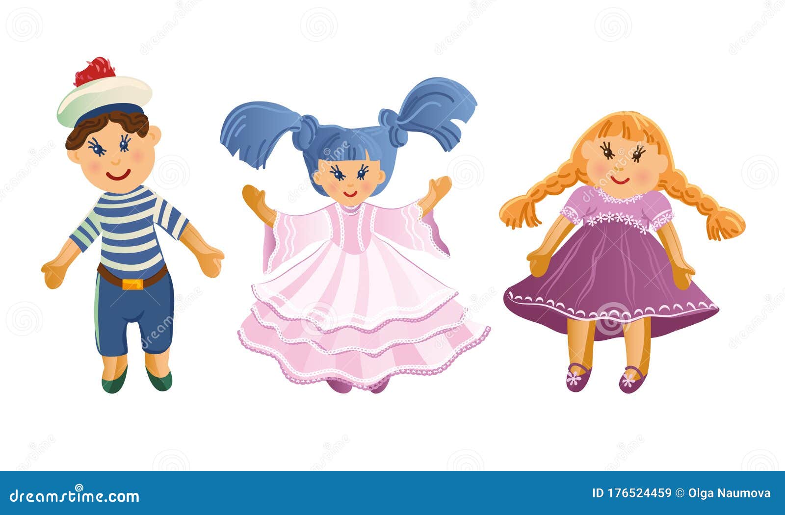 Set of Cute Baby Dolls in Different Clothes and with Varied Hairstyles  Vector Illustration in Flat Cartoon Style Stock Vector  Illustration of  jeans braid 176524459