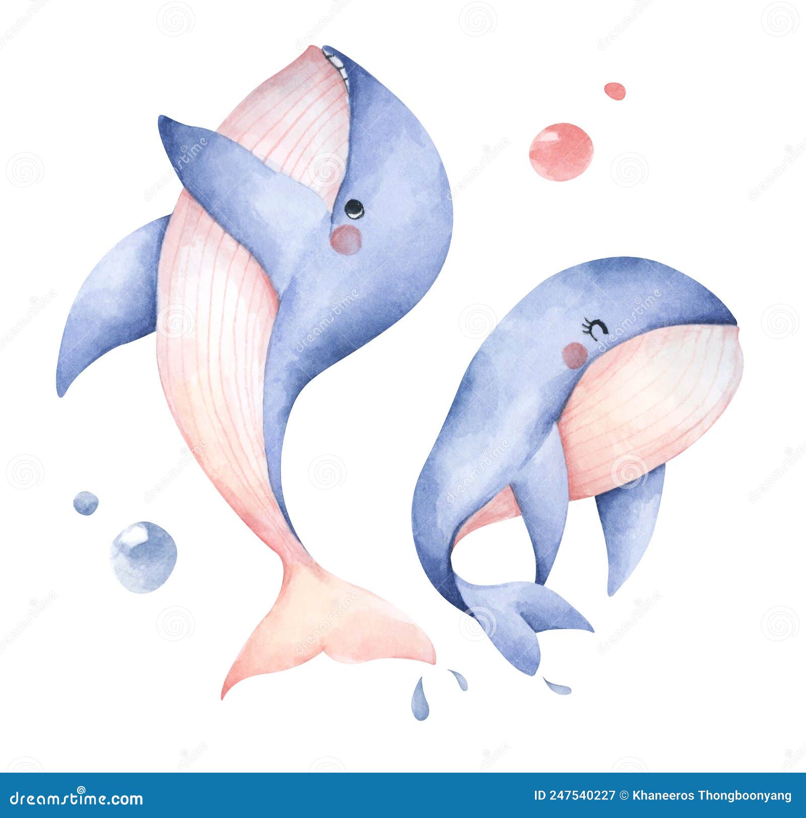 set of cute blue whale.  on white background. watercolor 