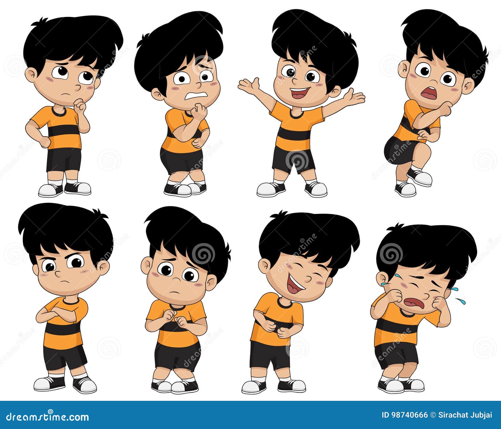 set of cute boy pose showing different emotions. basic seven of e