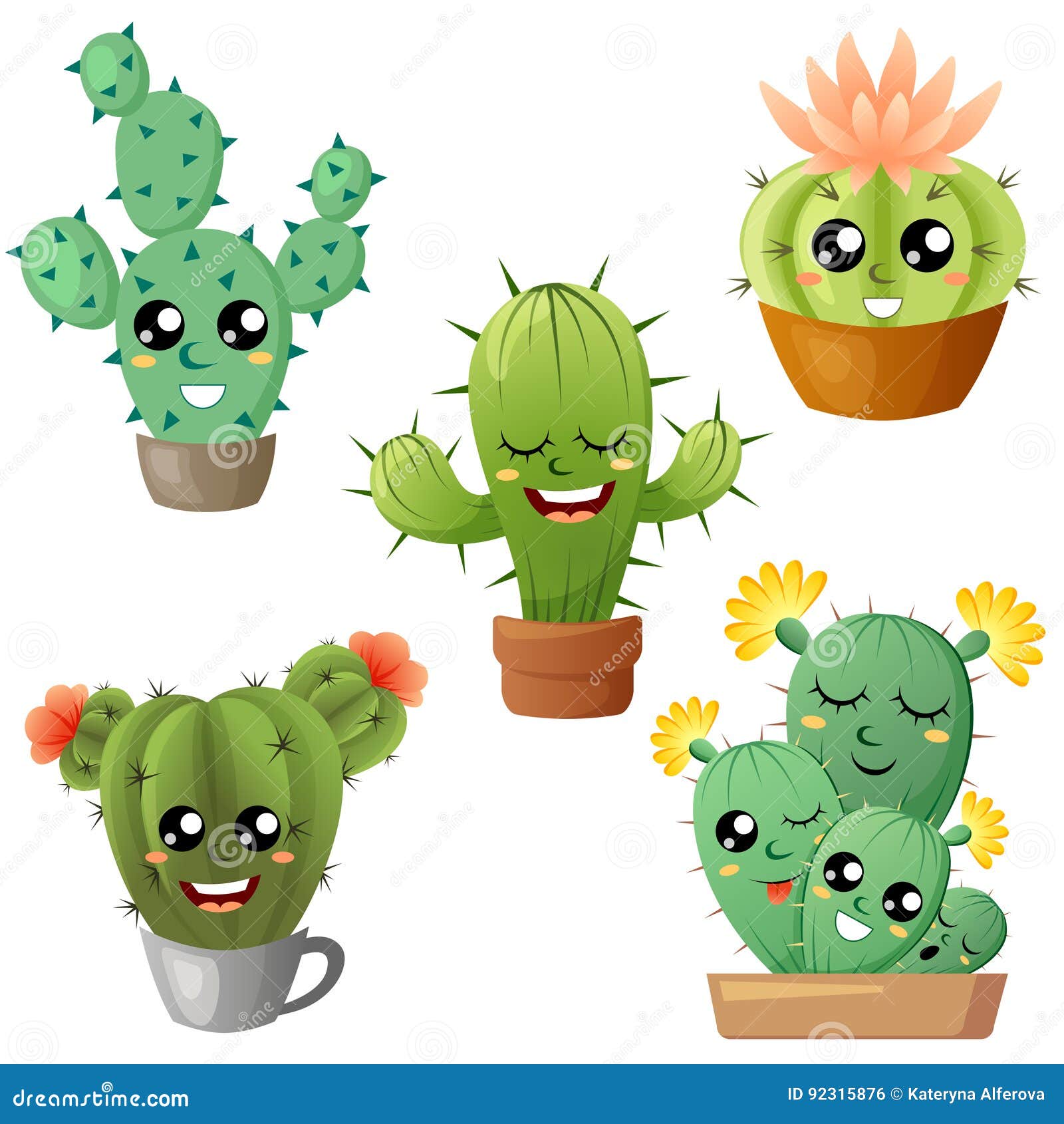 Set of cute cartoon cactus stock vector. Illustration of illustration
