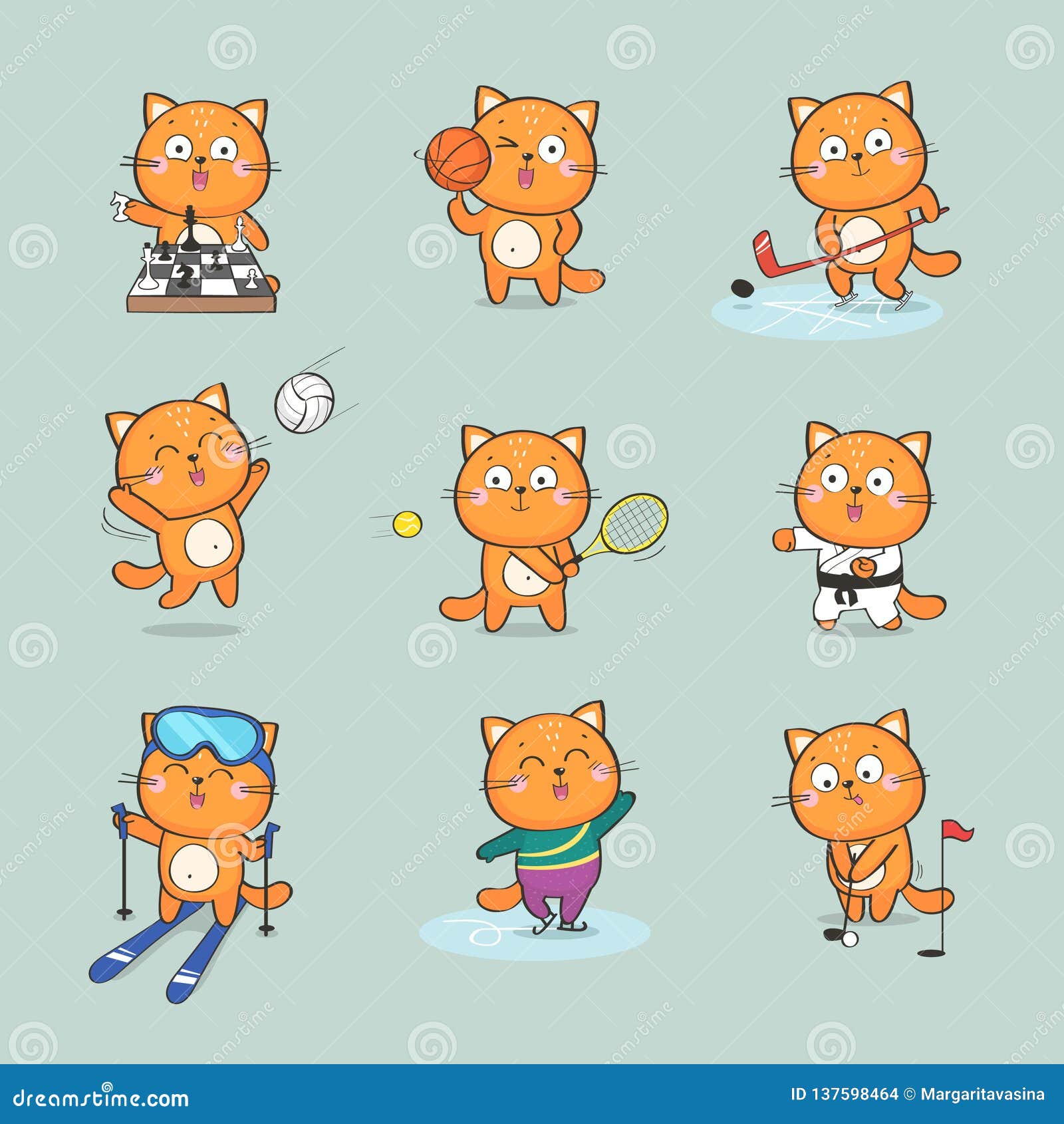 cute cat character doing different sports