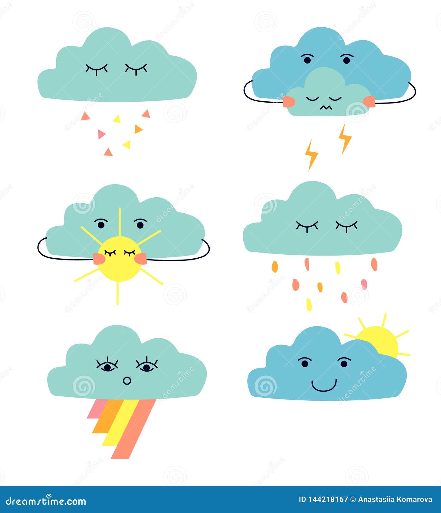 Set of Cute Cartoon Clouds: Rain Cloud; Thunder Cloud; Cloud Witn Sun; Cloud with Rainow. Stock Vector - Illustration of snow, rainbow: 144218167 Set of Cute Cartoon Clouds: Rain Cloud; Thunder Cloud; Cloud Witn Sun; Cloud with Rainow. Stock Vector - Illustration of snow, rainbow: 144218167