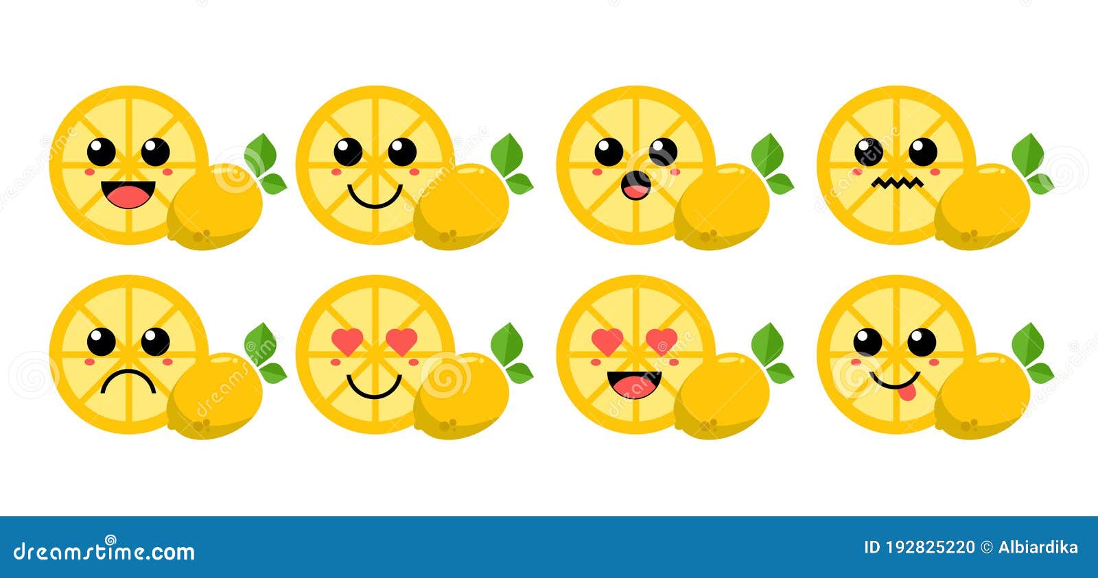 Set of Cute Cartoon Colorful Lemon Slice with Different Emotions. Funny ...