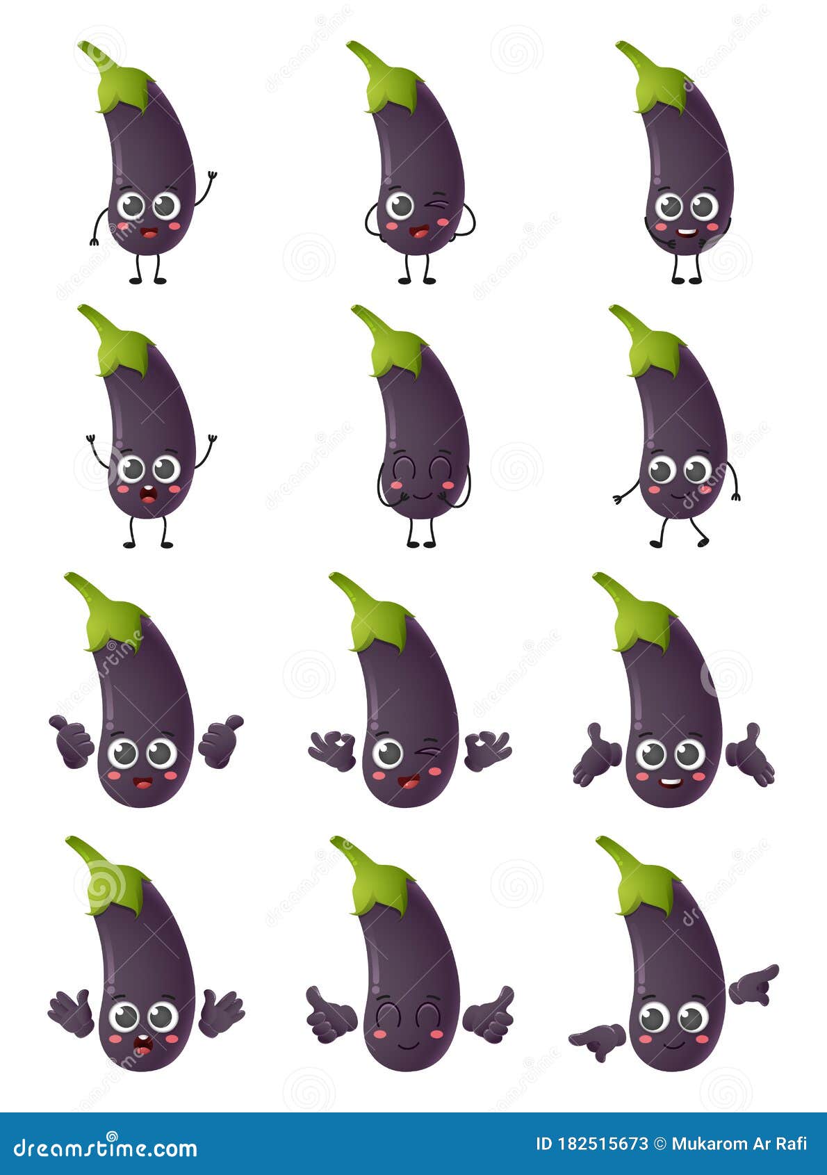 Set Of Cute Cartoon Eggplant Vegetables Vector Character Set Isolated