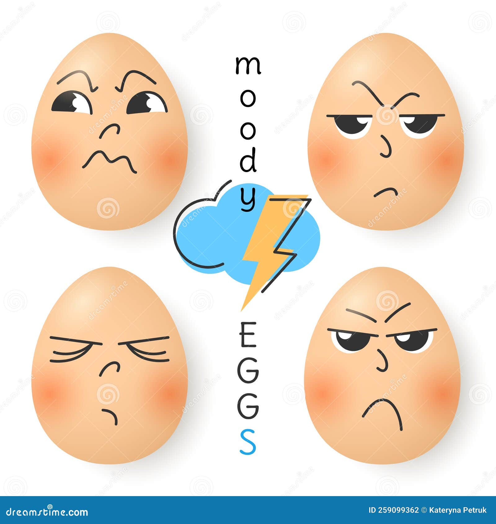 Set of cute cartoon eggs. Stickers of emotions. Angry disgruntled sadness moody egg. Flat vector illustration for holiday, Easter, comic design