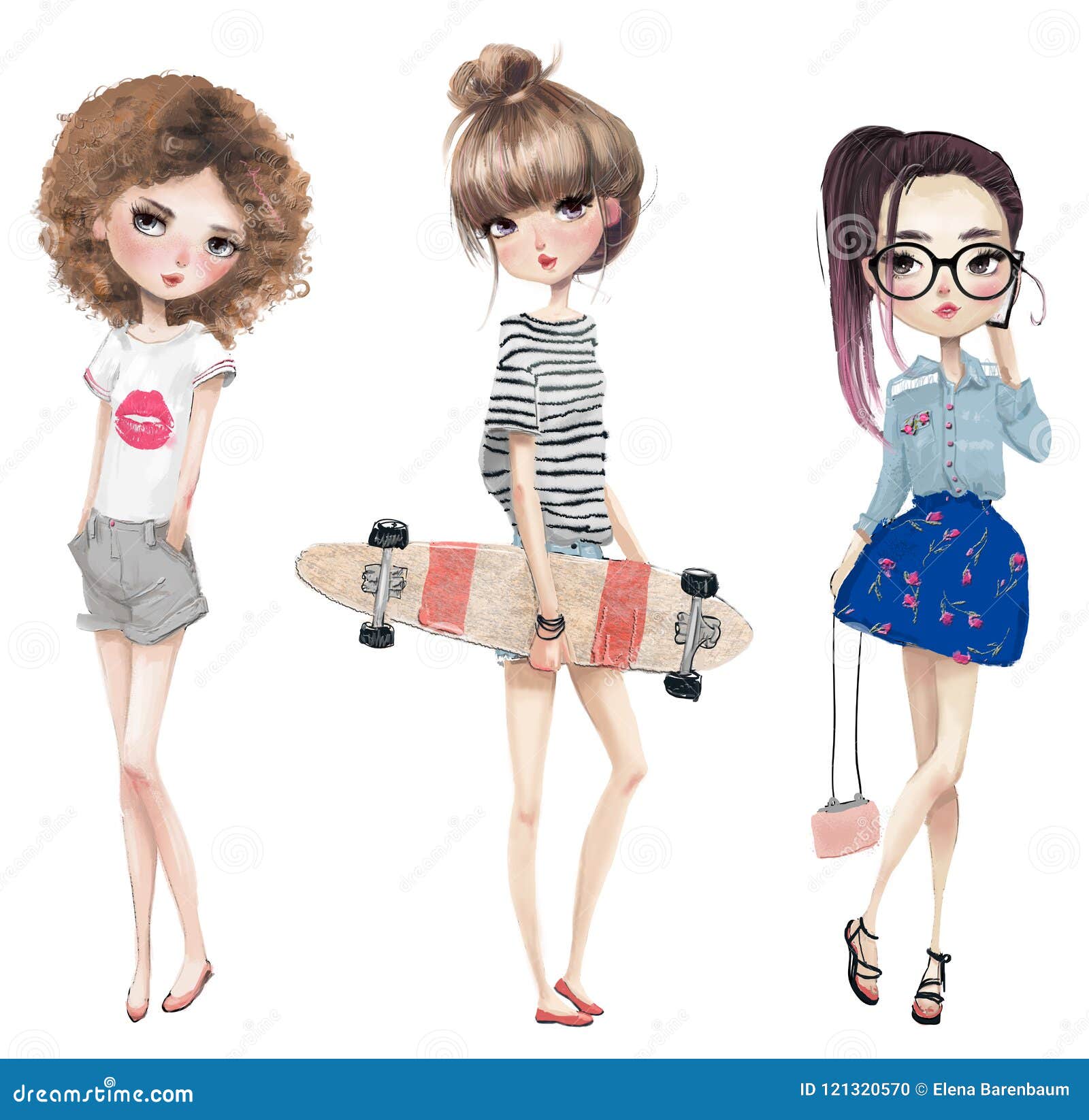 Set with Cute Cartoon Girls Stock Illustration - Illustration of ...