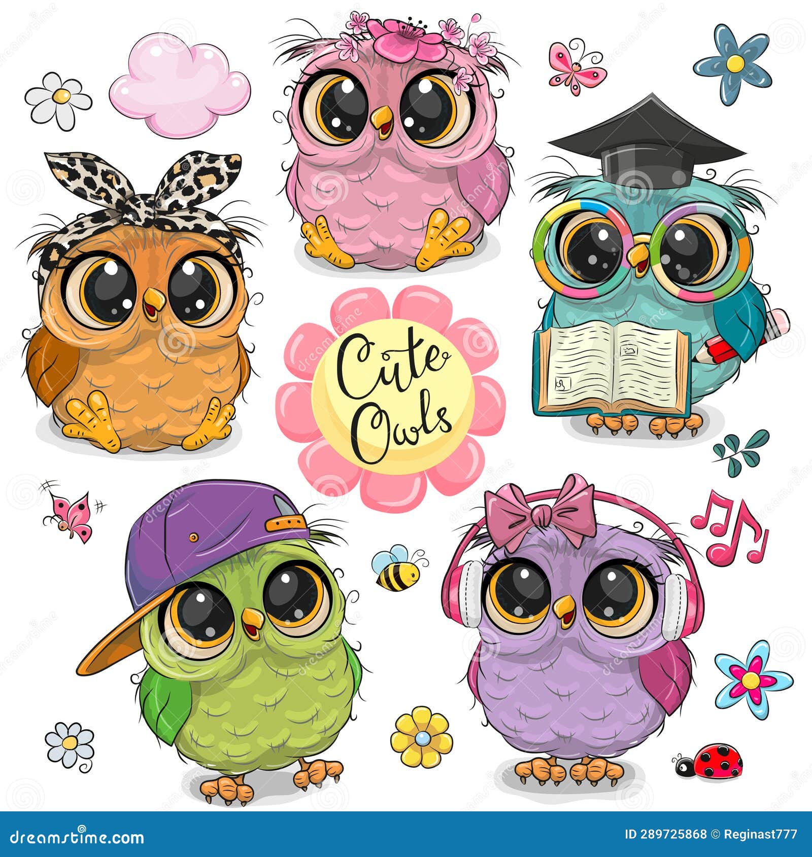 Set of cute cartoon owls stock illustration. Illustration of vector ...