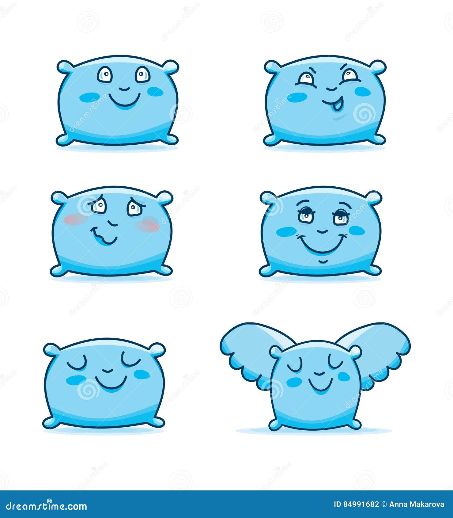 Set of Cute Cartoon Pillows. I Hand Drawing Isolated Objects on White