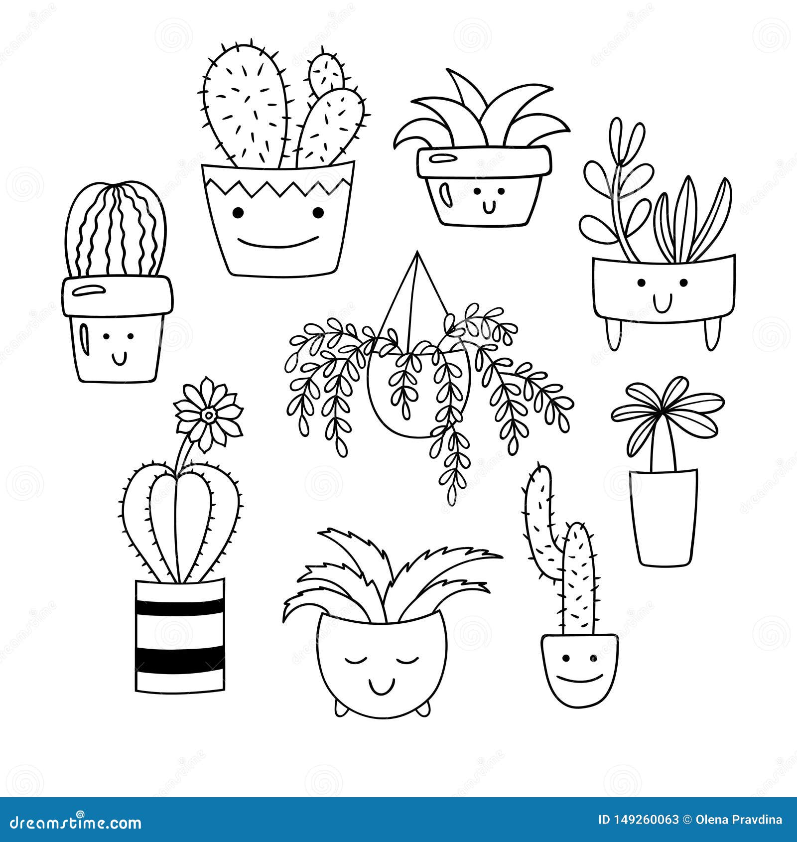 Set of Cute Cartoon Potted Plants. Succulents and Cacti in Flower Pots.  Vector Clipart. Stock Vector - Illustration of face, cute: 149260063