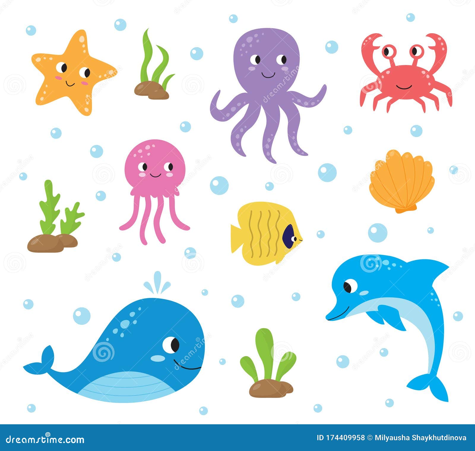Set of Cute Cartoon Sea Animals. Underwater Life Stock Vector