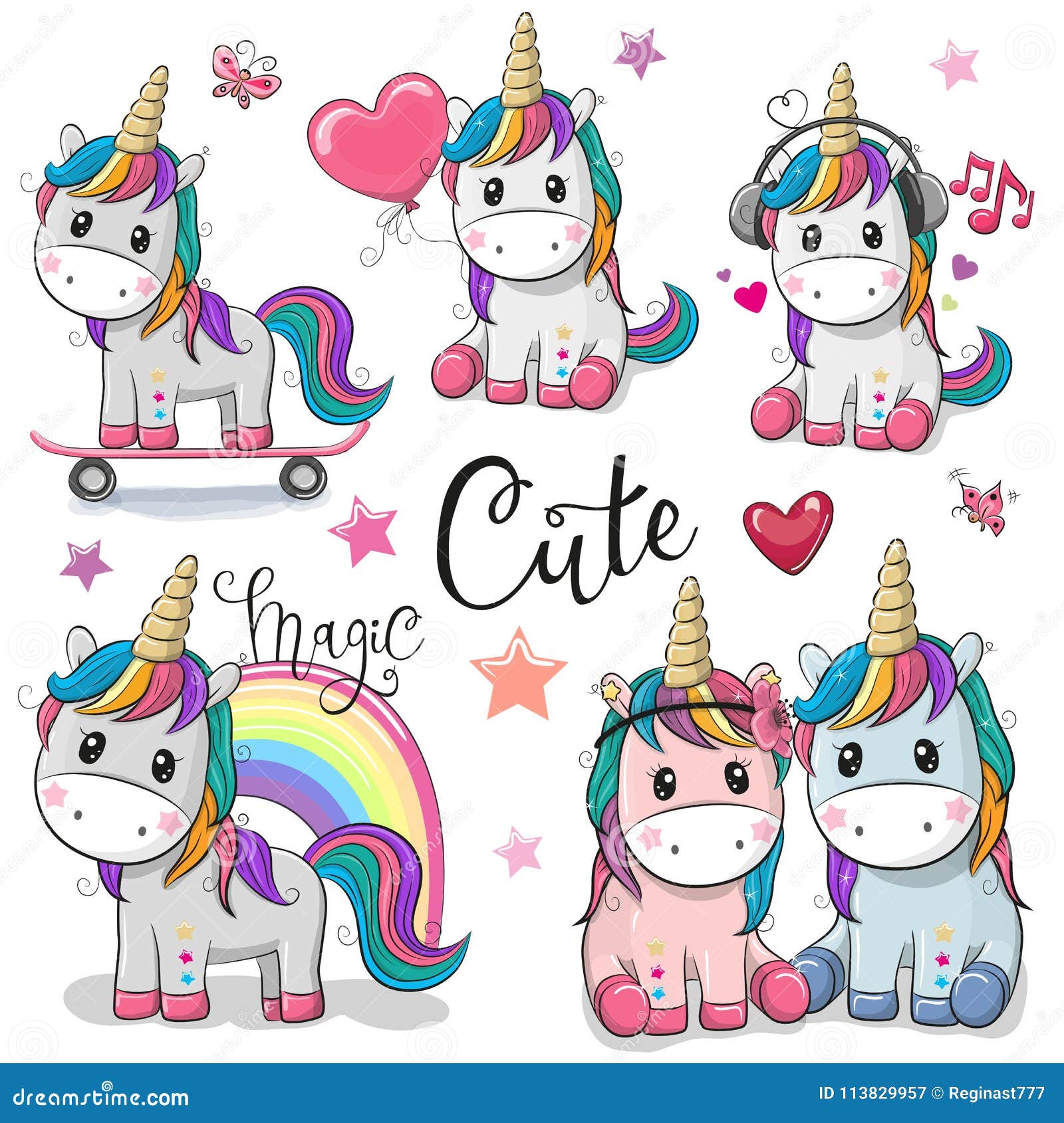 set of cute cartoon unicorns