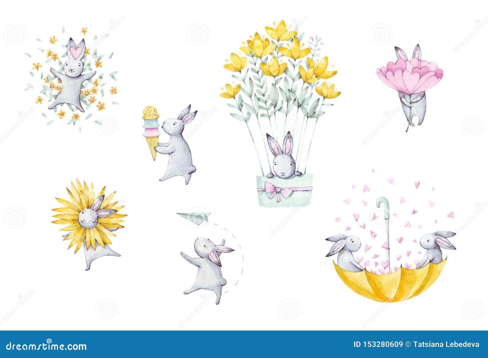 set of cute cartoon watercolor bunny