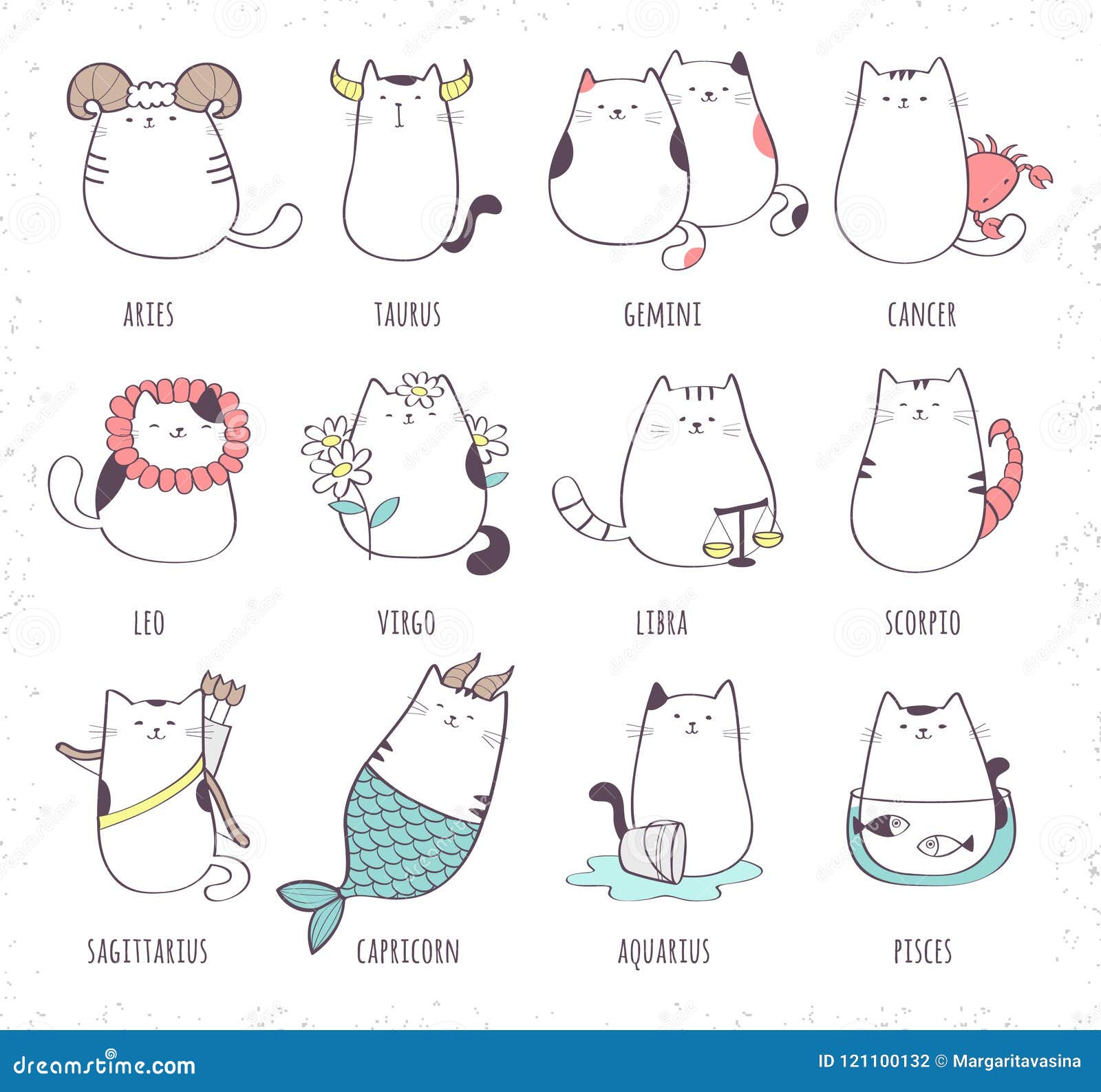  set of cute cartoon zodiac cat