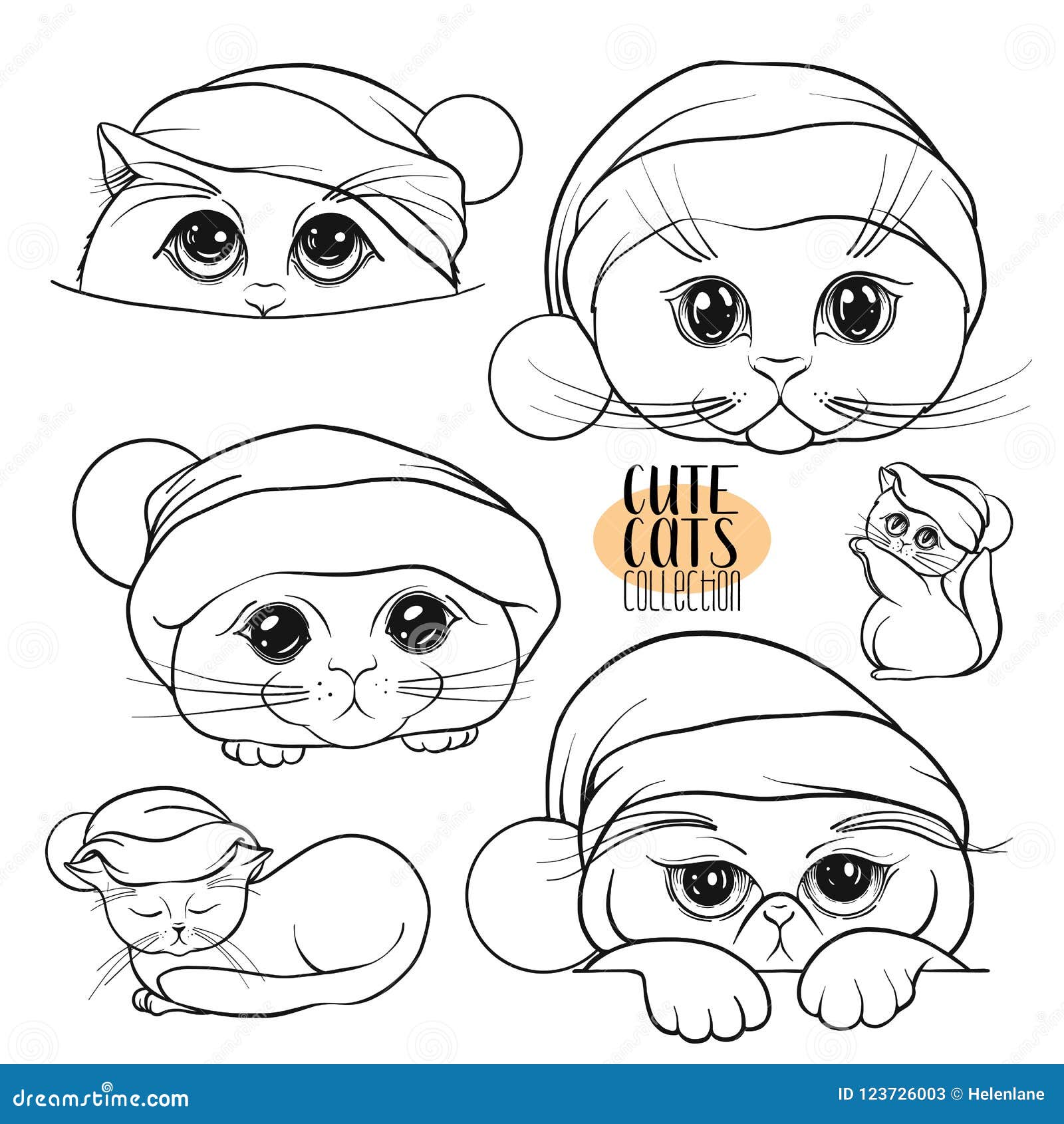 Set Of Cute Cats With Different Emotions In The Santa Claus Hat