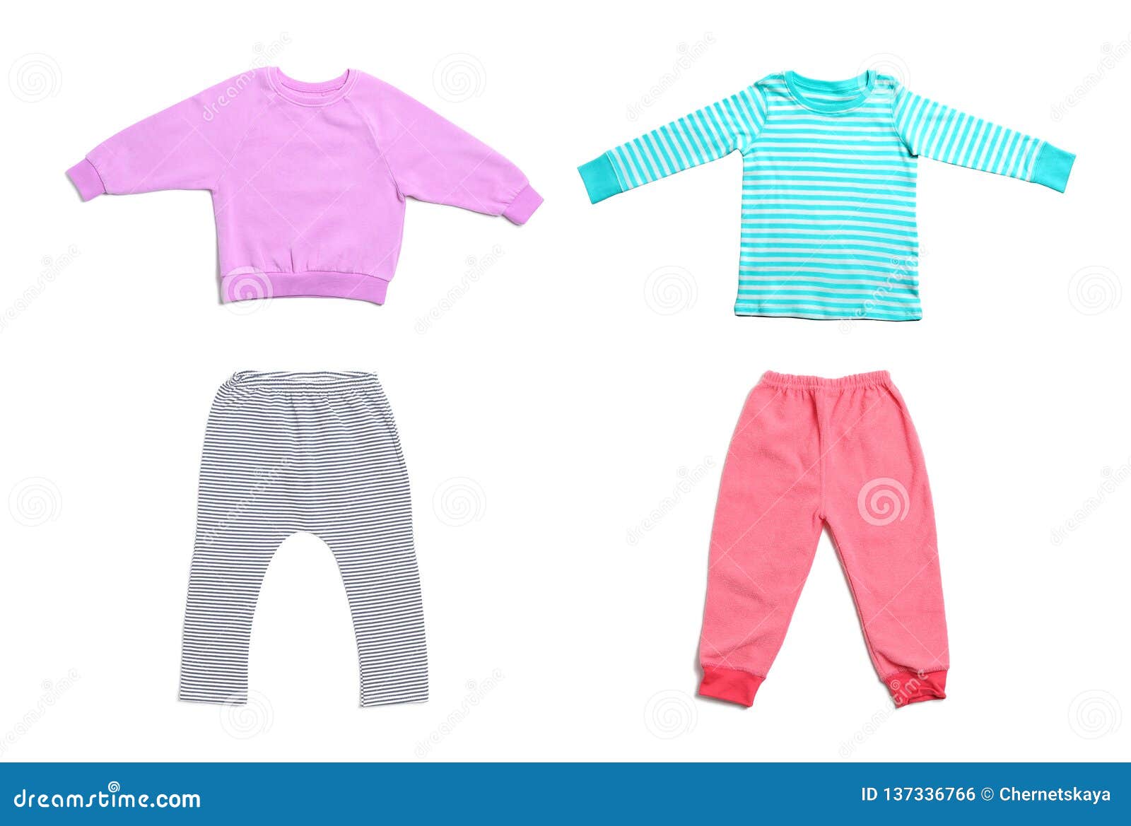 Set of Cute Child Sweatshirts and Pants on White Background, Top View ...