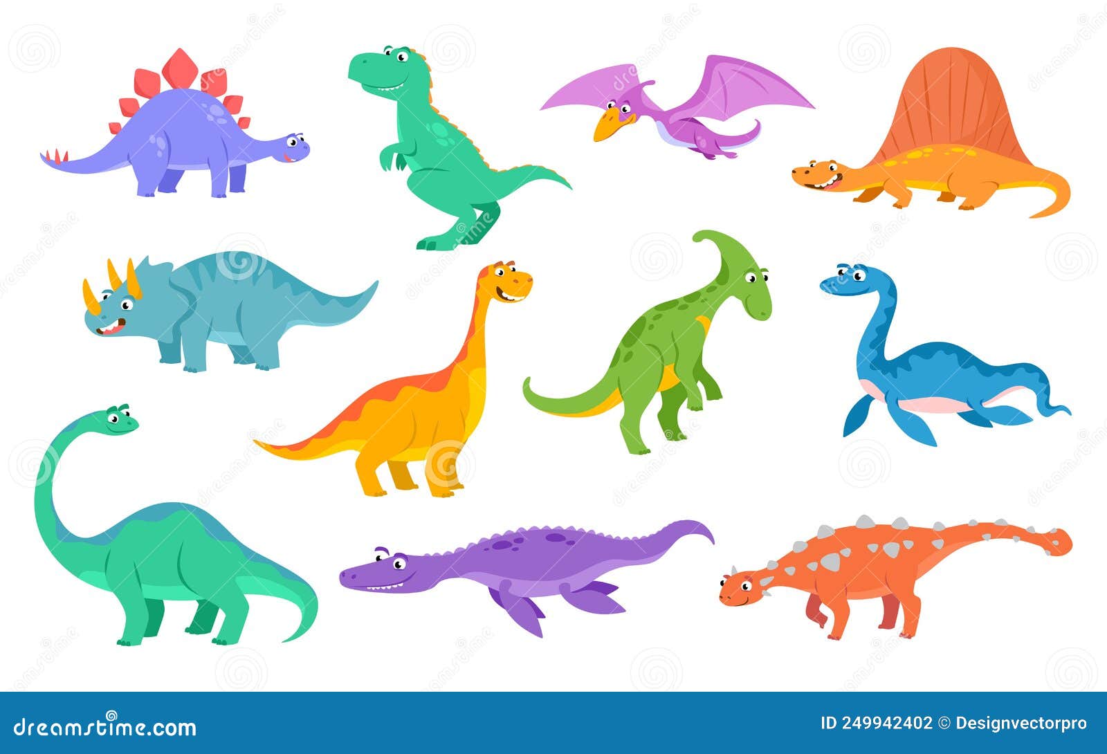 Set of Cute Childish Dinosaurs in Cartoon Style Isolated on White ...
