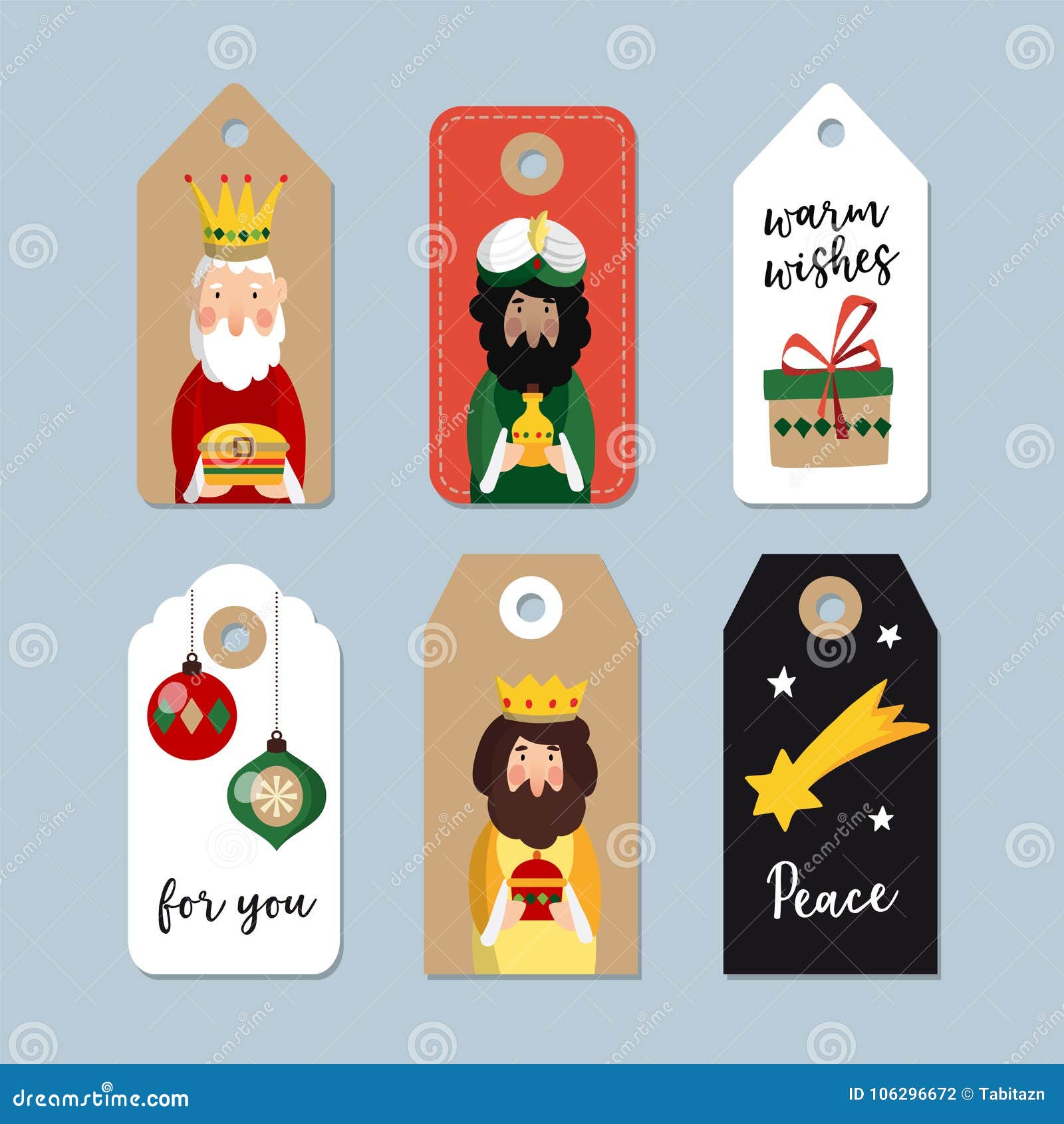 set of cute christmas gift tags. three magi. biblical kings caspar, melchior and balthazar.  